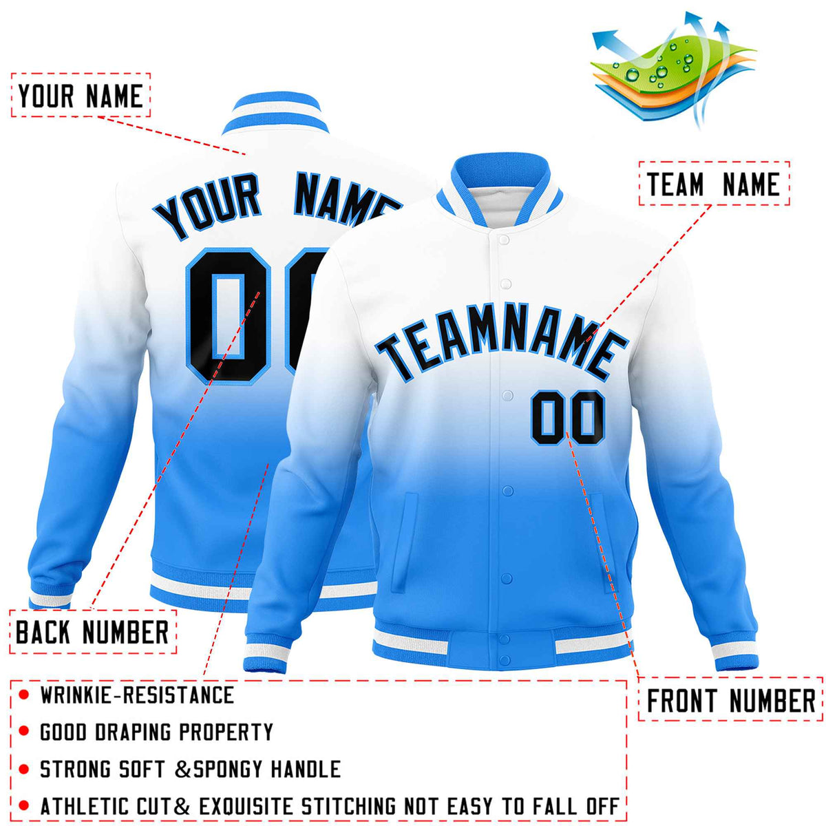 Custom White Powder Blue Full-Snap Varsity Personalization Gradient Fashion Letterman Jacket
