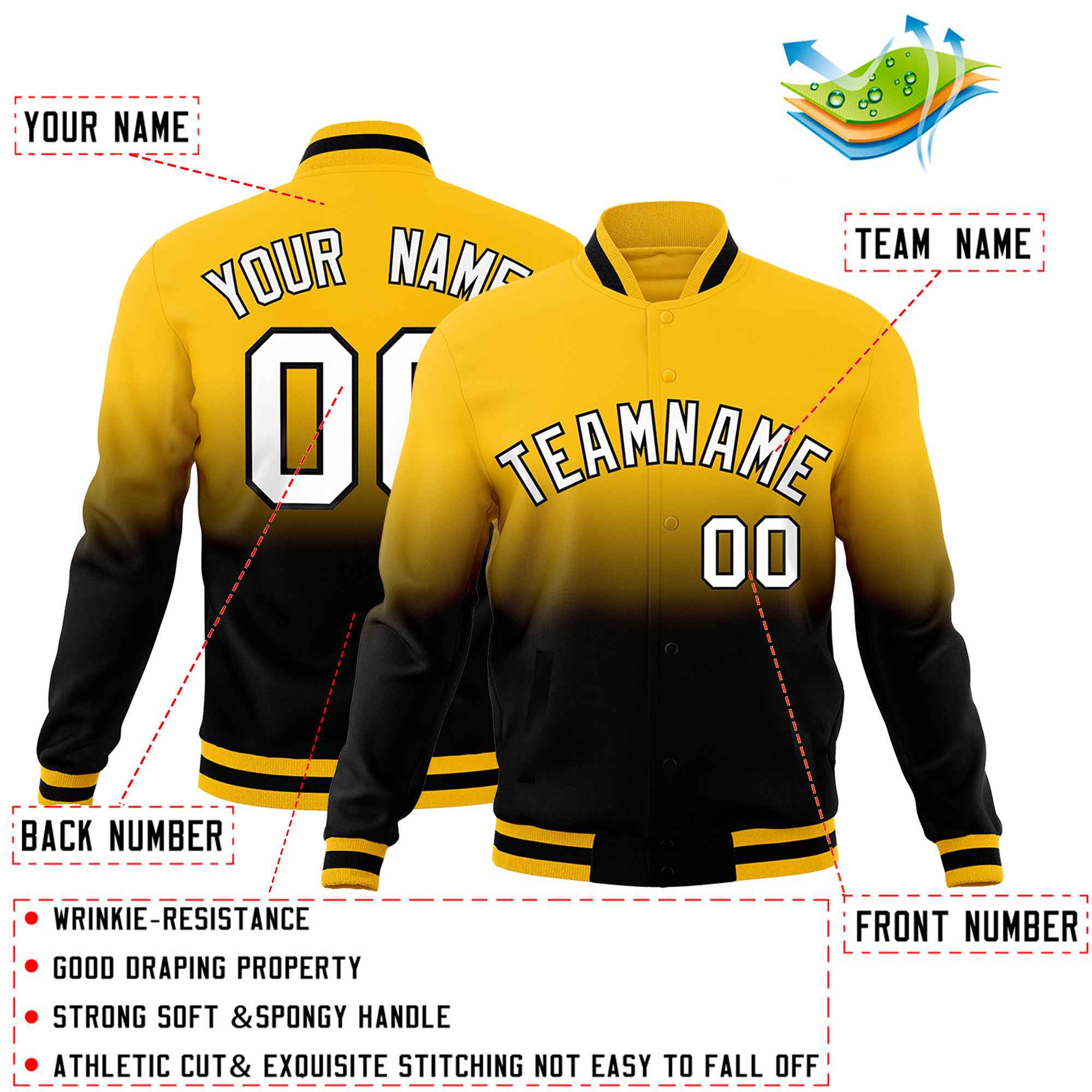 Custom Black Yellow Full-Snap Varsity Personalization Gradient Fashion Letterman Jacket