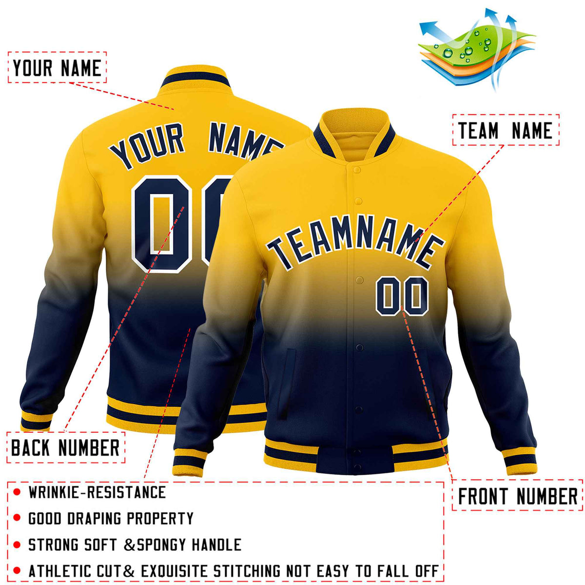 Custom Yellow Navy Full-Snap Varsity Personalization Gradient Fashion Letterman Jacket