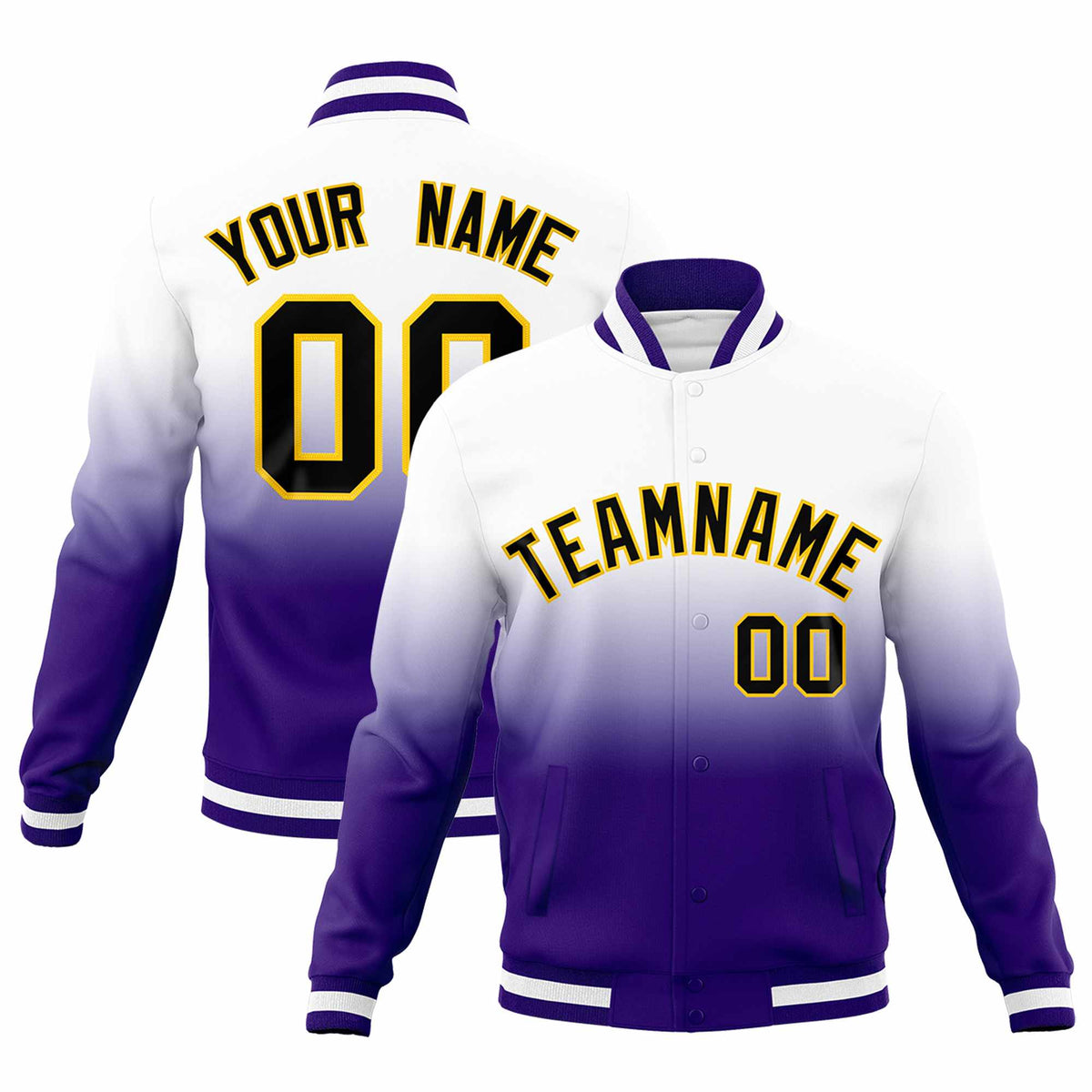 Custom White Purple Full-Snap Varsity Personalization Gradient Fashion Letterman Jacket