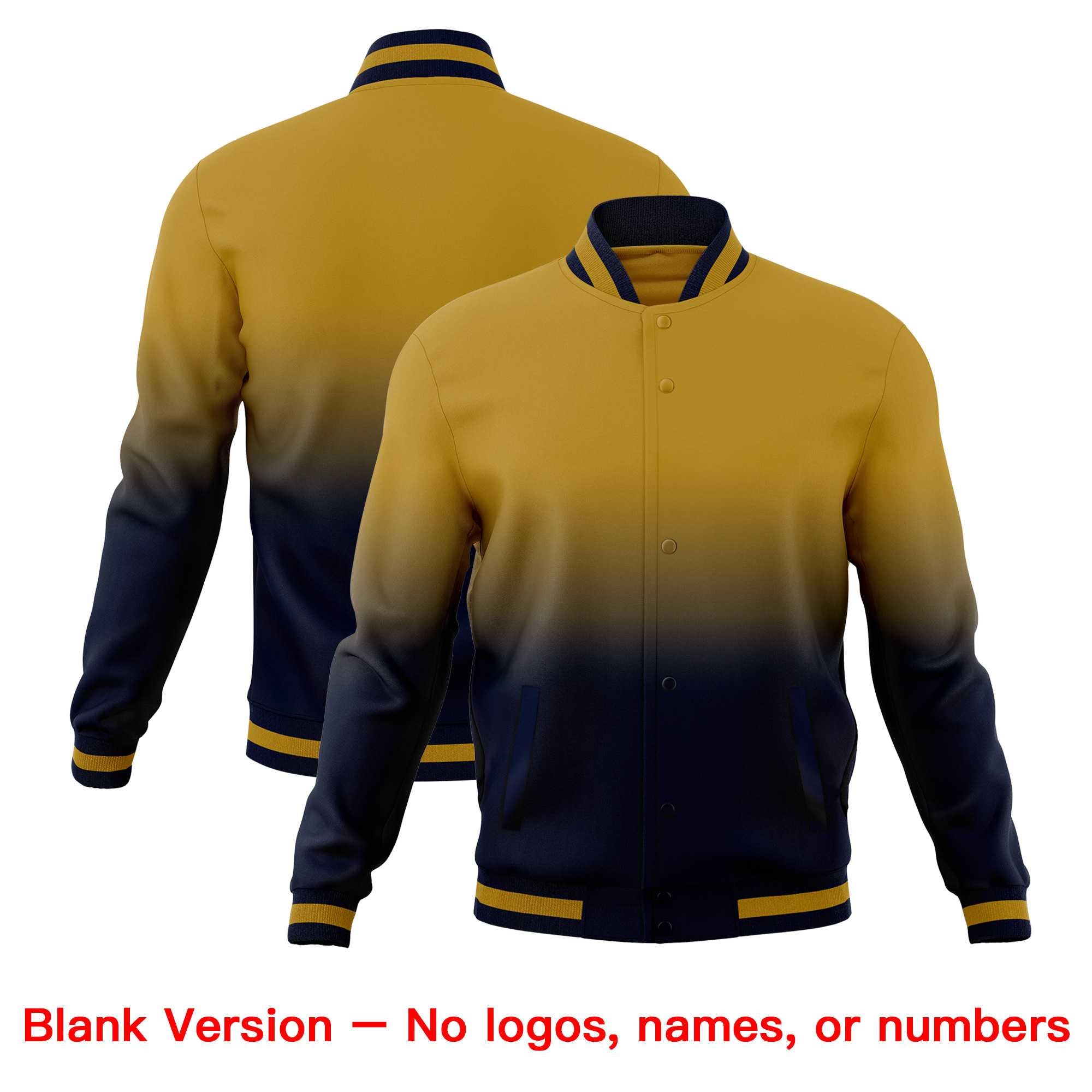 Custom Old Gold Navy Full-Snap Varsity Personalization Gradient Fashion Letterman Jacket