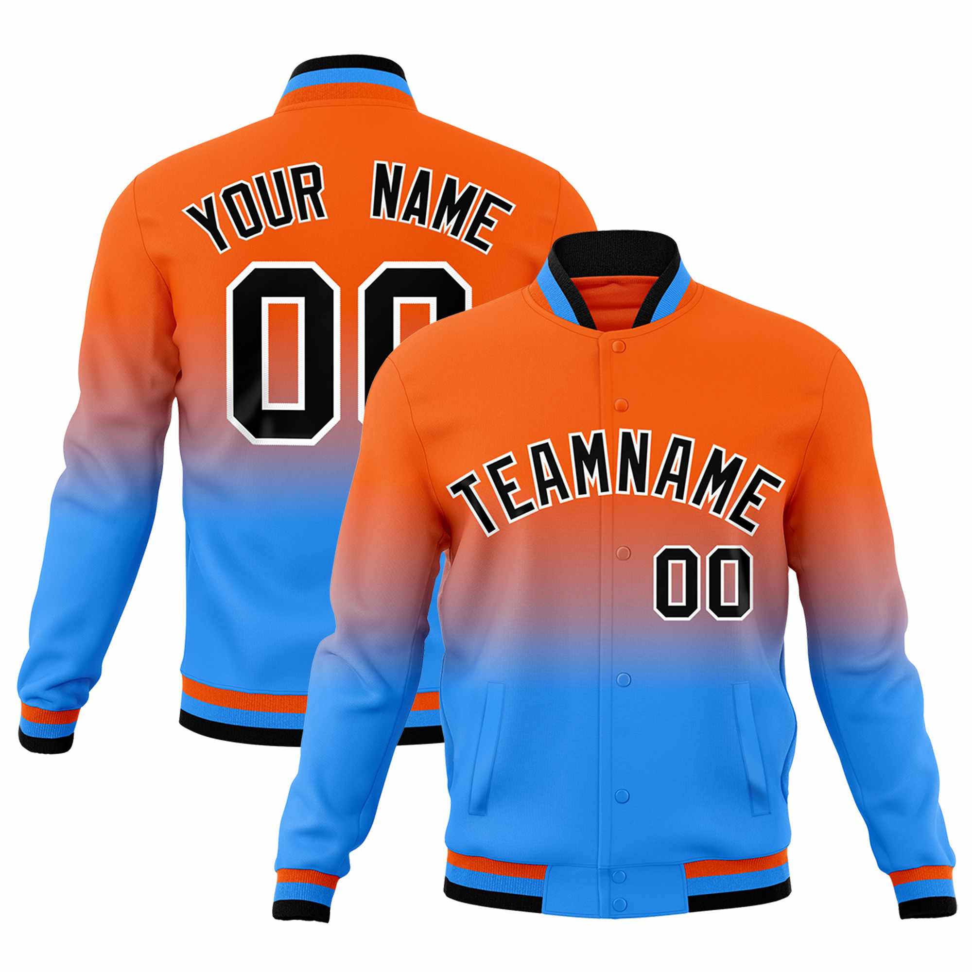 Custom Orange Powder Blue Full-Snap Varsity Personalization Gradient Fashion Letterman Jacket