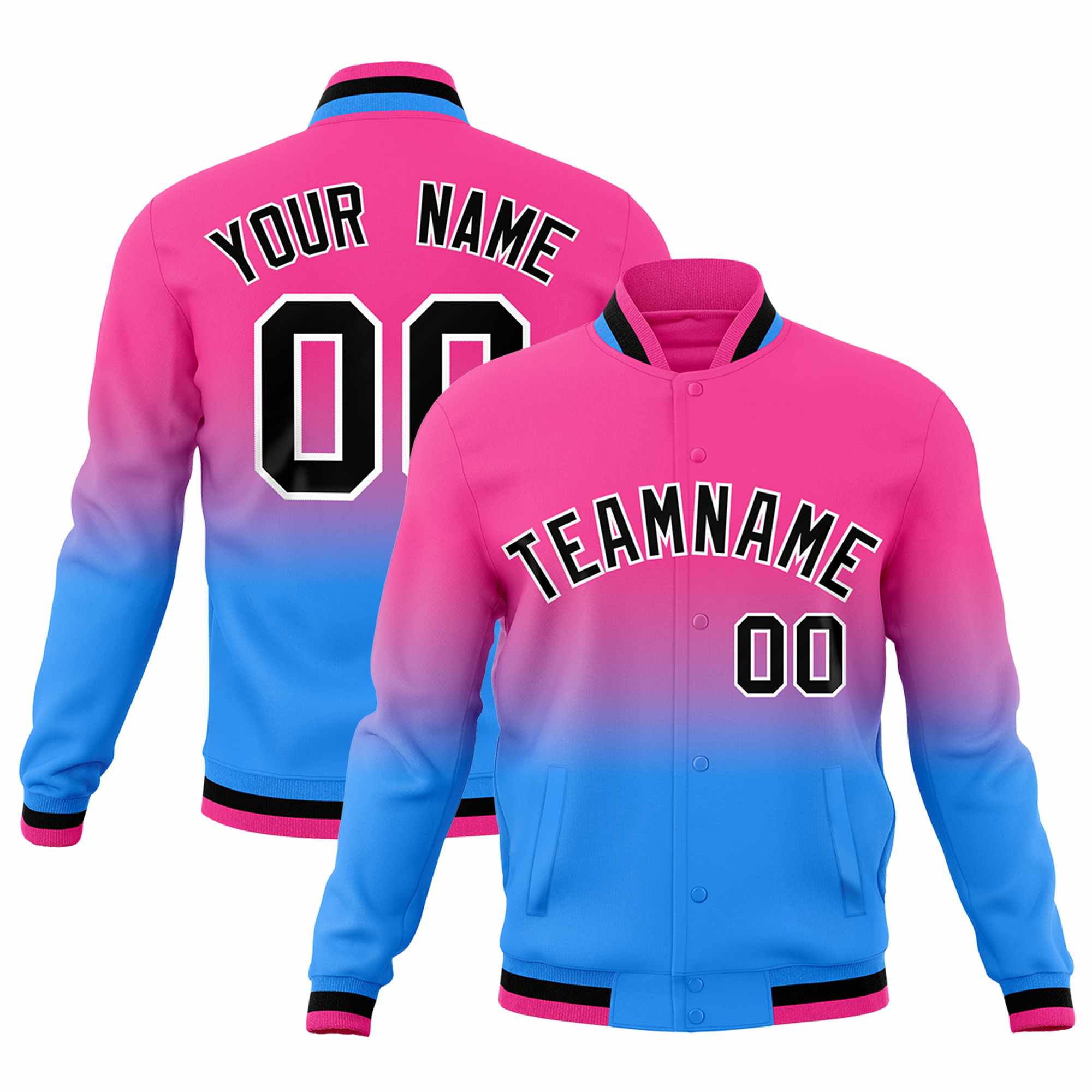 Custom Pink Powder Blue Full-Snap Varsity Personalization Gradient Fashion Letterman Jacket