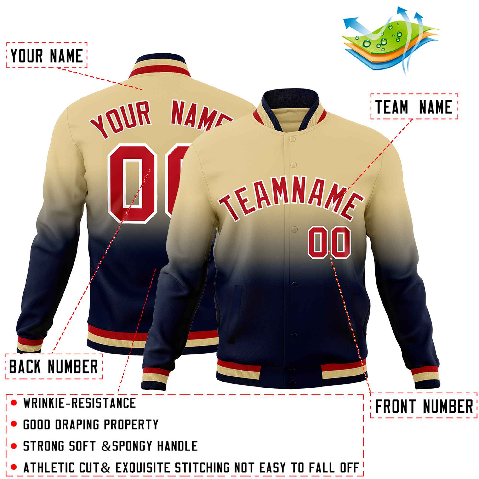 Custom Khaki Navy Full-Snap Varsity Personalization Gradient Fashion Letterman Jacket