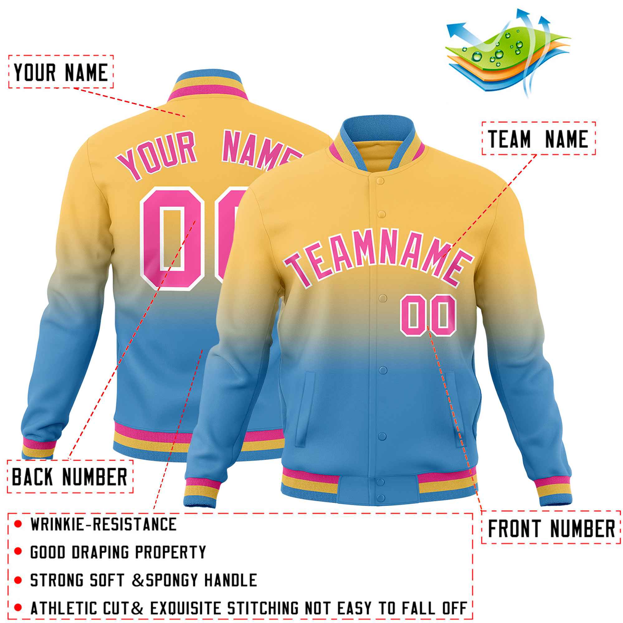 Custom Khaki Light blue Full-Snap Varsity Personalization Gradient Fashion Letterman Jacket