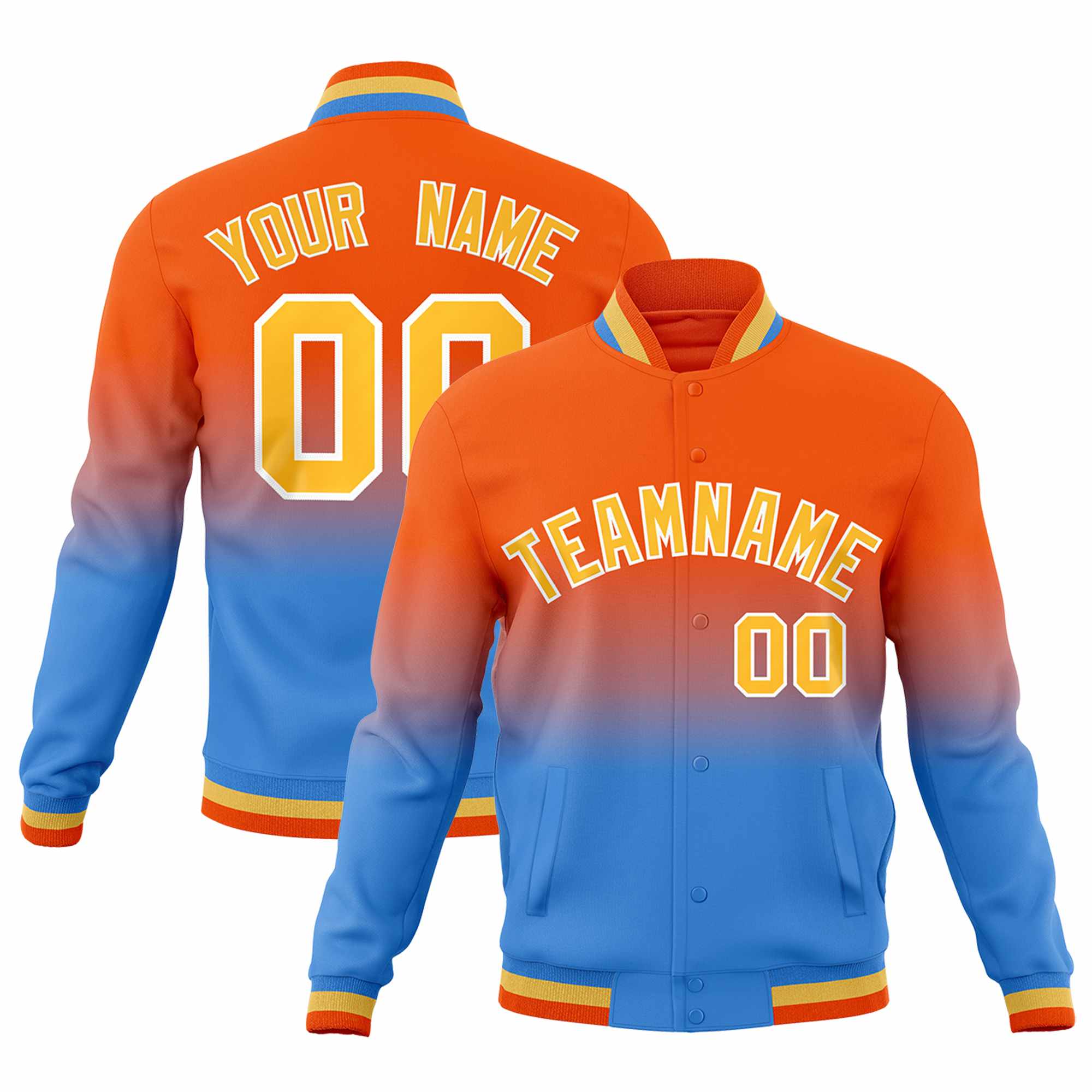 Custom Orange Powder Blue Full-Snap Varsity Personalization Gradient Fashion Letterman Jacket