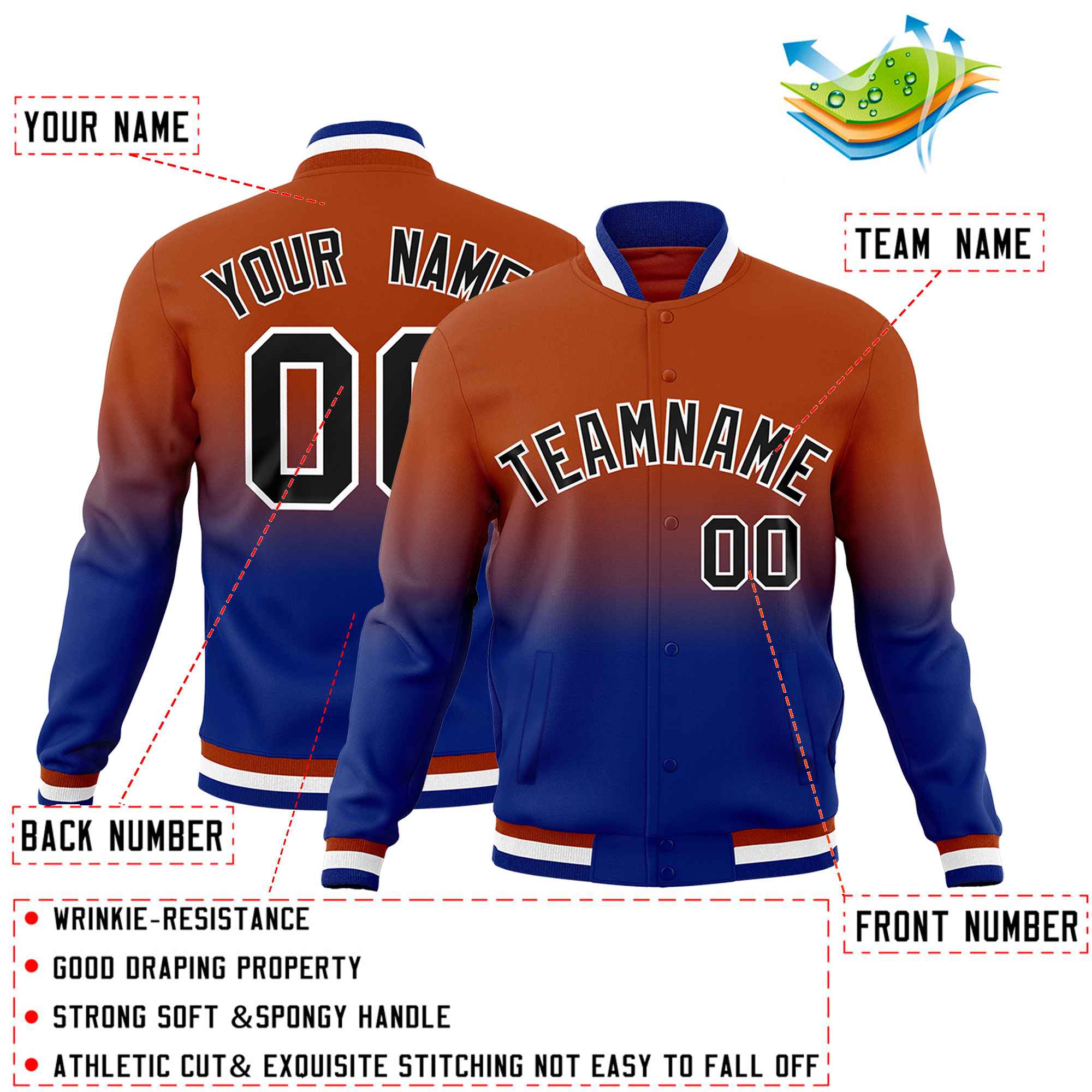 Custom Dark Orange Royal Blue Full-Snap Varsity Personalization Gradient Fashion Letterman Jacket
