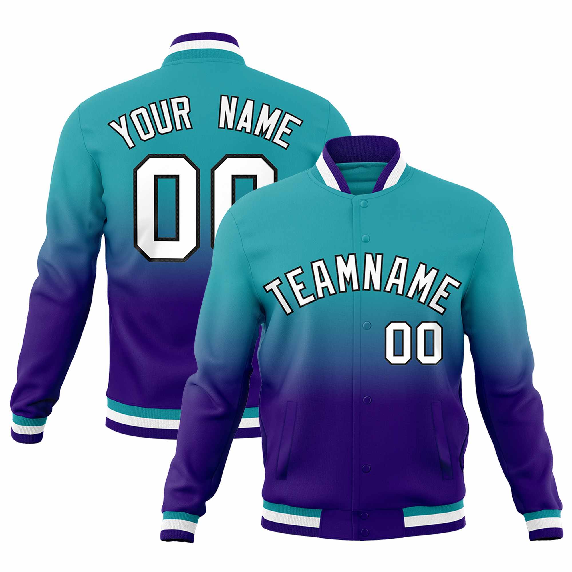 Custom Aqua Purple Full-Snap Varsity Personalization Gradient Fashion Letterman Jacket