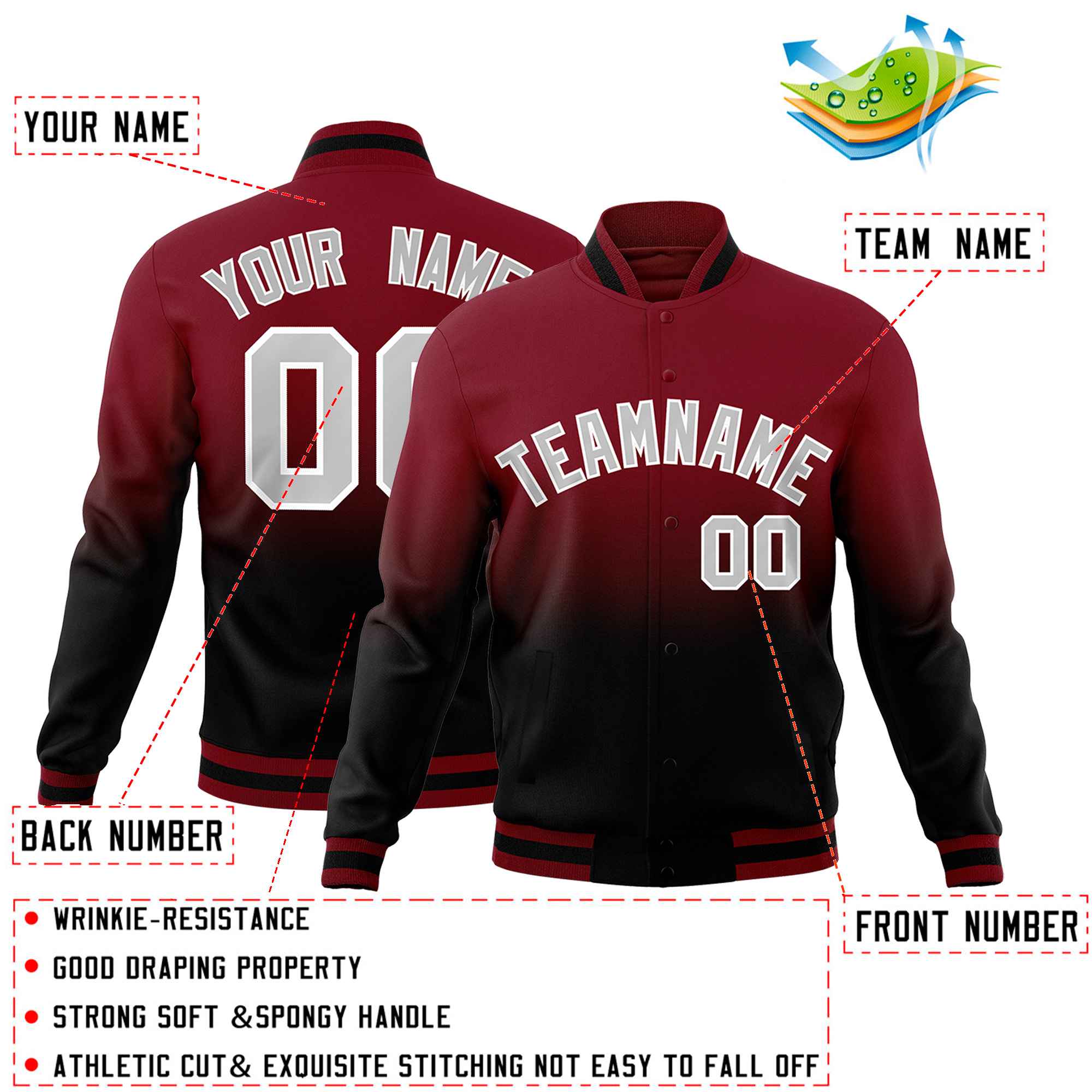 Custom Crimson Black Full-Snap Varsity Personalization Gradient Fashion Letterman Jacket