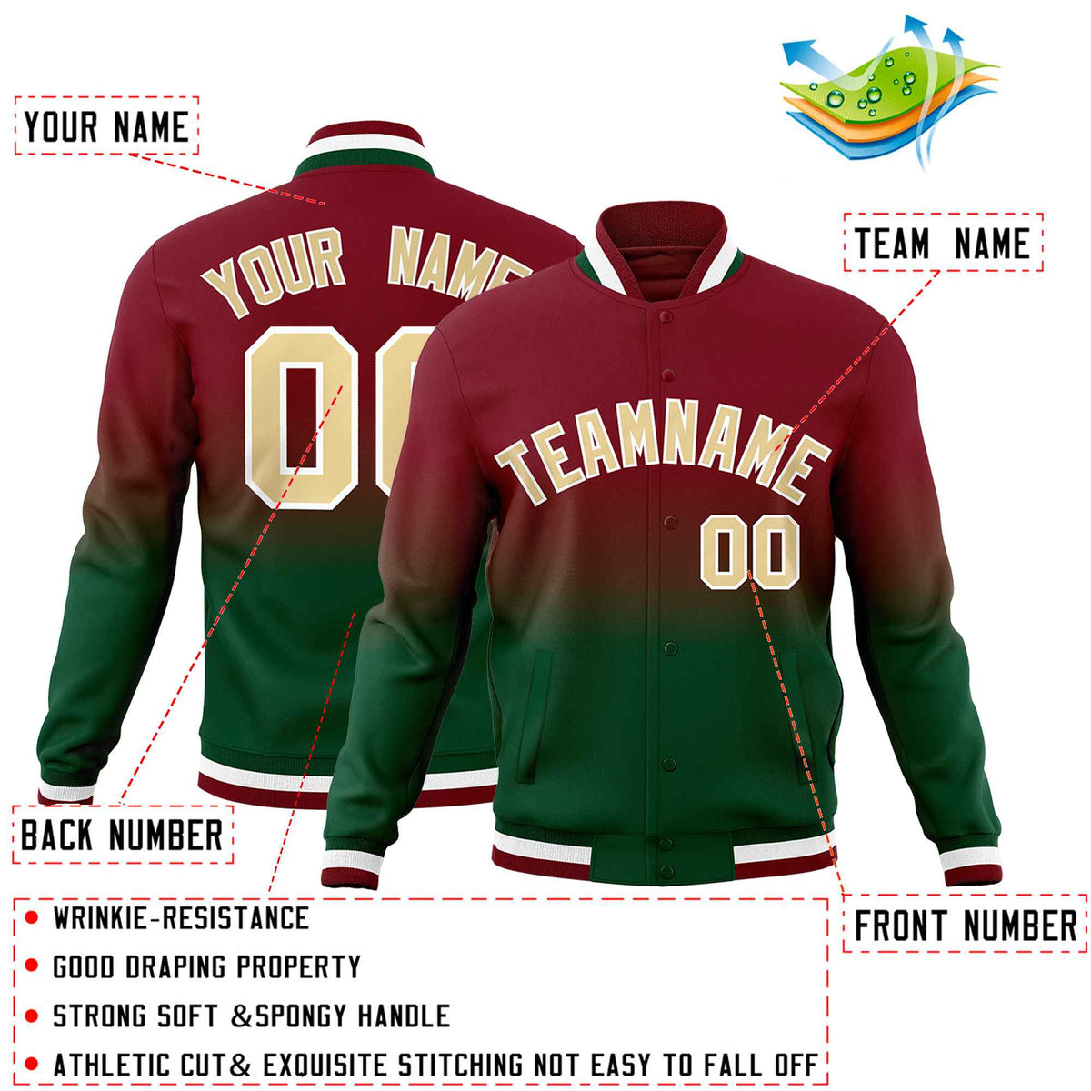 Custom Green Crimson Full-Snap Varsity Personalization Gradient Fashion Letterman Jacket
