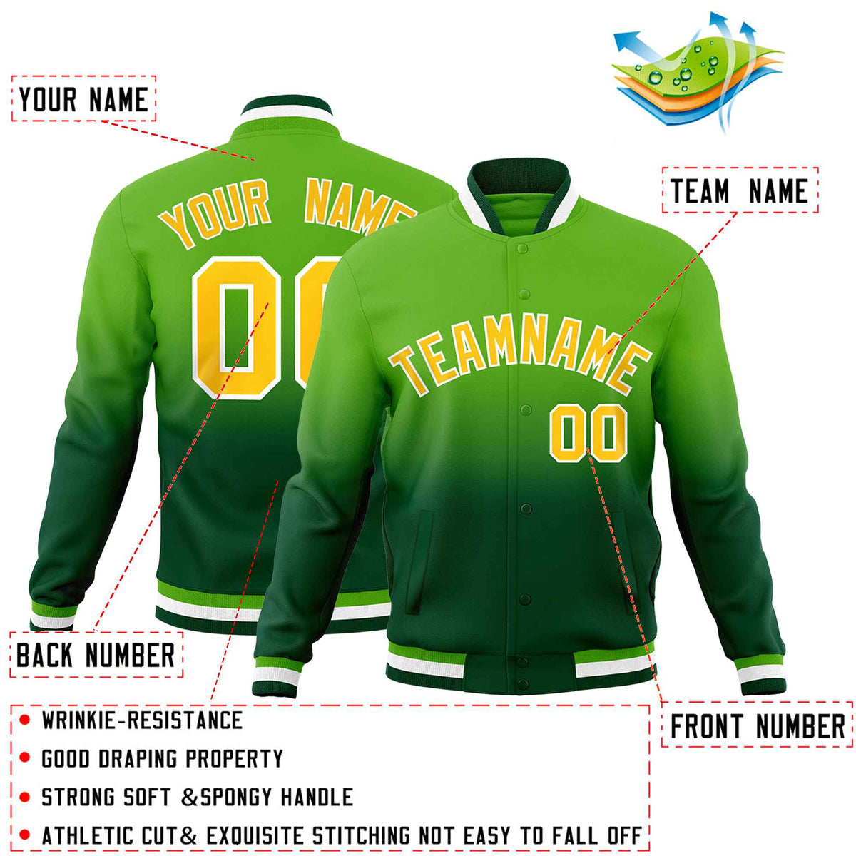Custom Green Gold Full-Snap Varsity Personalization Gradient Fashion Letterman Jacket