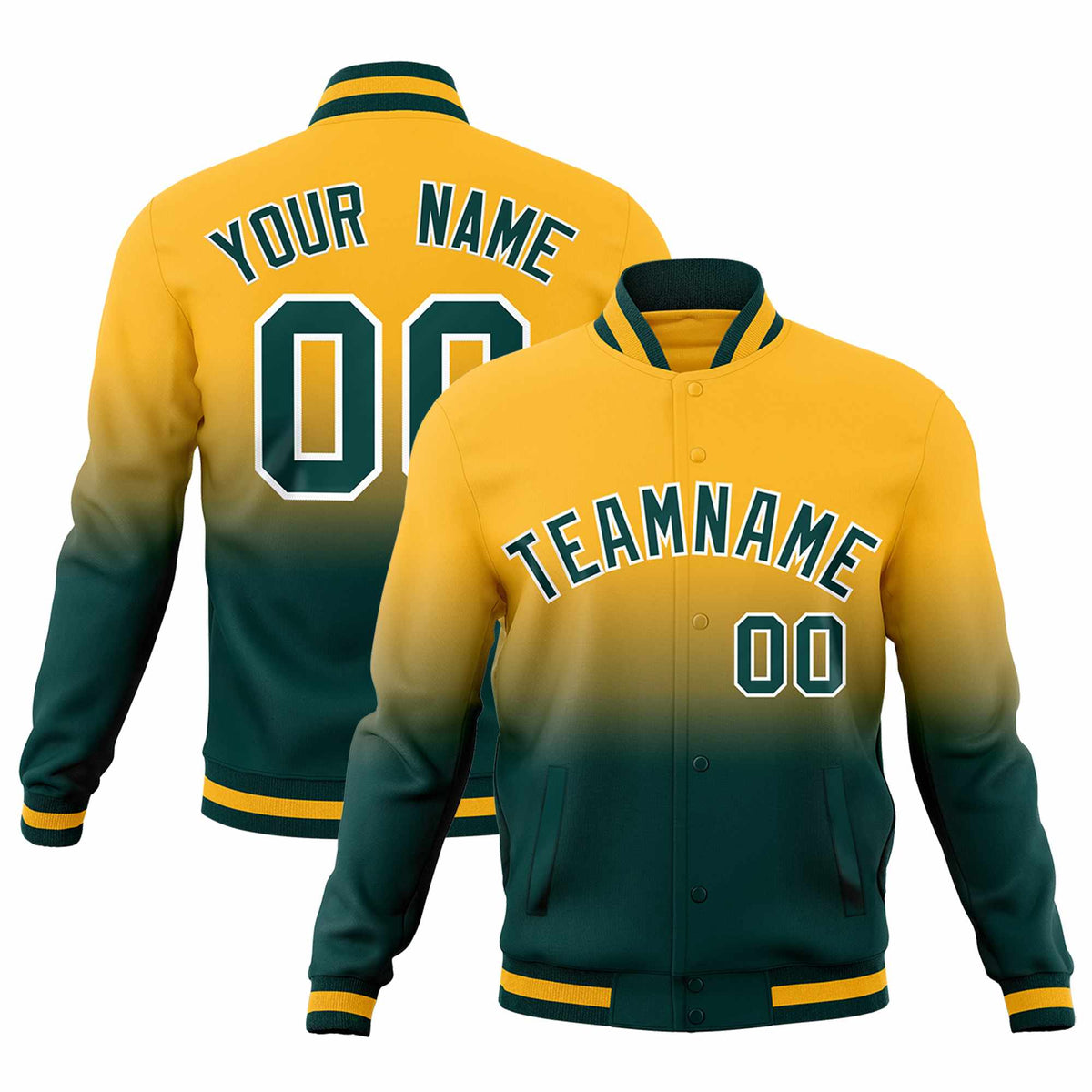 Custom Gold Midnight Green Full-Snap Varsity Personalization Gradient Fashion Letterman Jacket