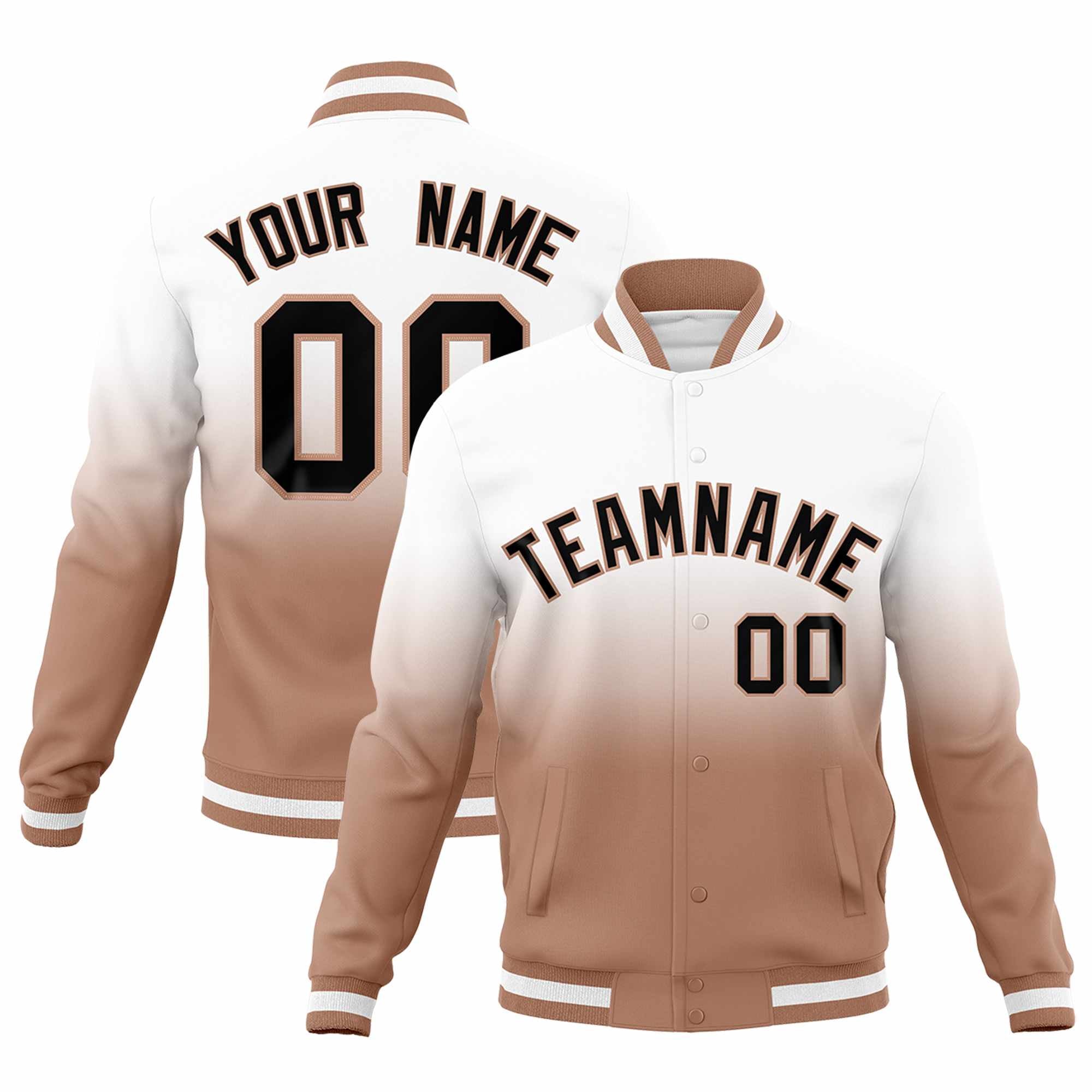 Custom White Light Brown Full-Snap Varsity Personalization Gradient Fashion Letterman Jacket