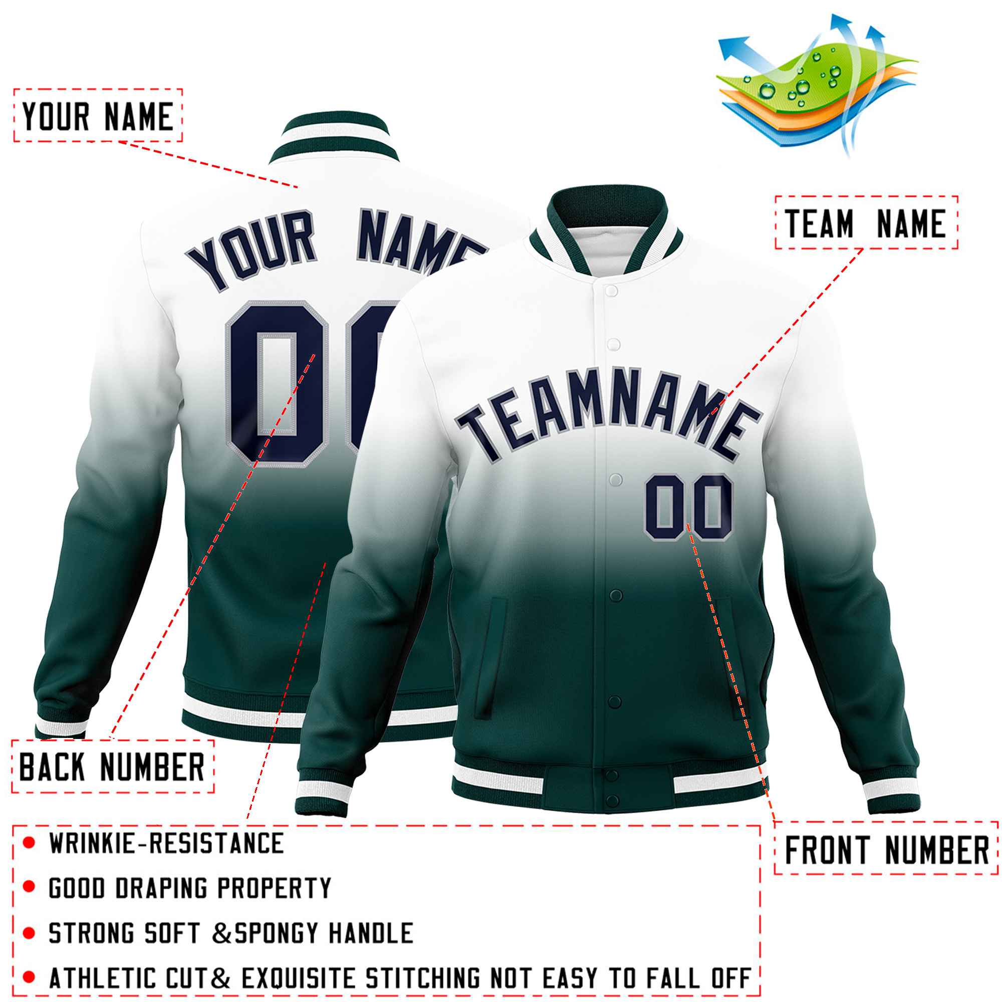 Custom White Midnight Green Full-Snap Varsity Personalization Gradient Fashion Letterman Jacket