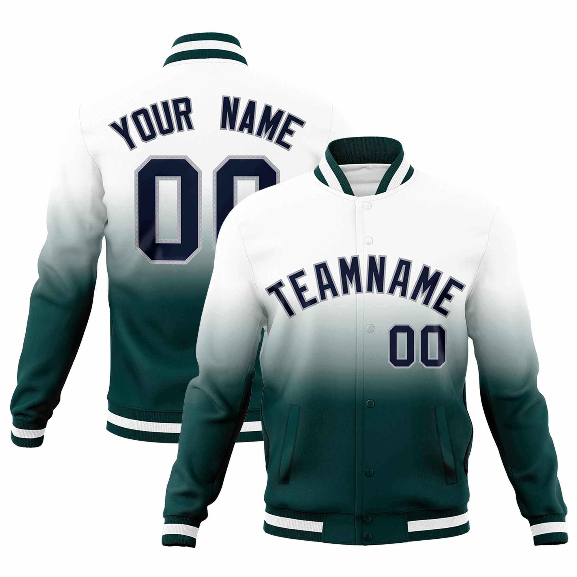 Custom White Midnight Green Full-Snap Varsity Personalization Gradient Fashion Letterman Jacket