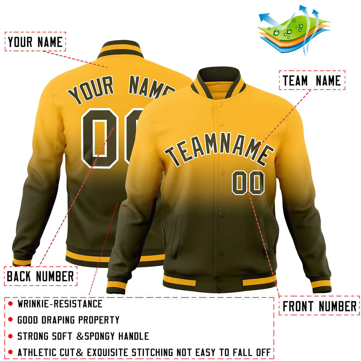 Custom Gold Olive Full-Snap Varsity Personalization Gradient Fashion Letterman Jacket
