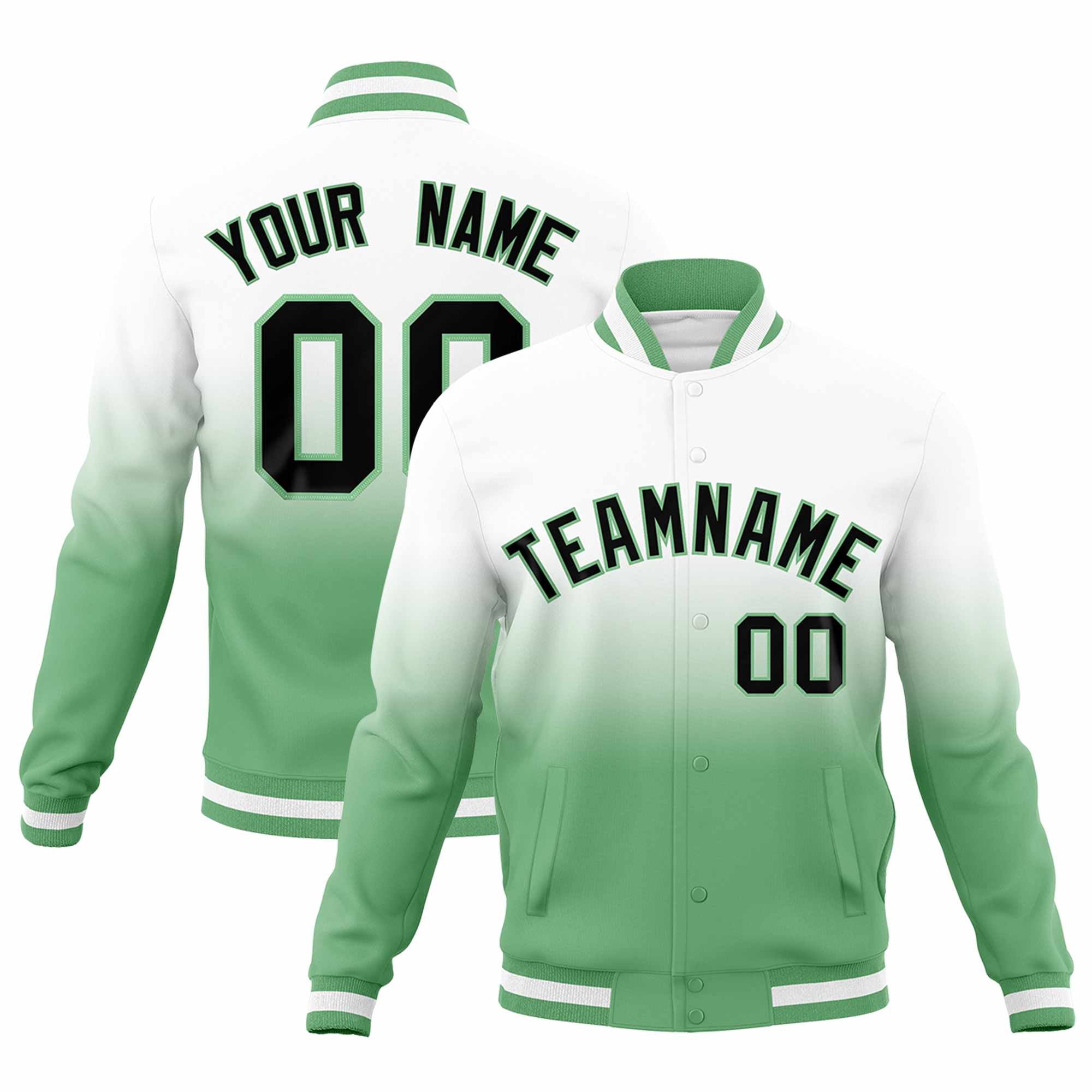 Custom White Green Full-Snap Varsity Personalization Gradient Fashion Letterman Jacket