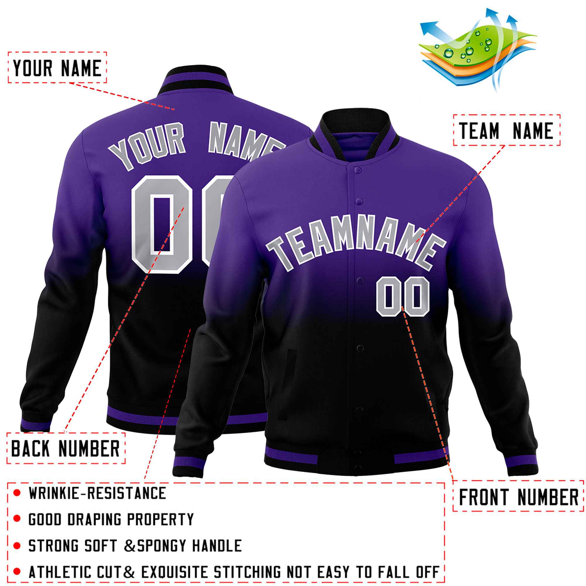 Custom Purple Black Full-Snap Varsity Personalization Gradient Fashion Letterman Jacket