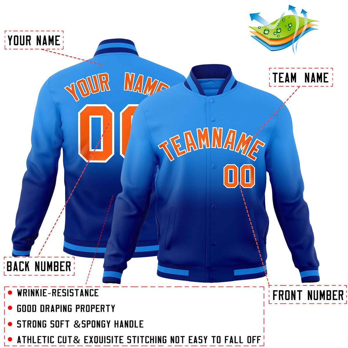 Custom Powder Blue Royal Full-Snap Varsity Personalization Gradient Fashion Letterman Jacket
