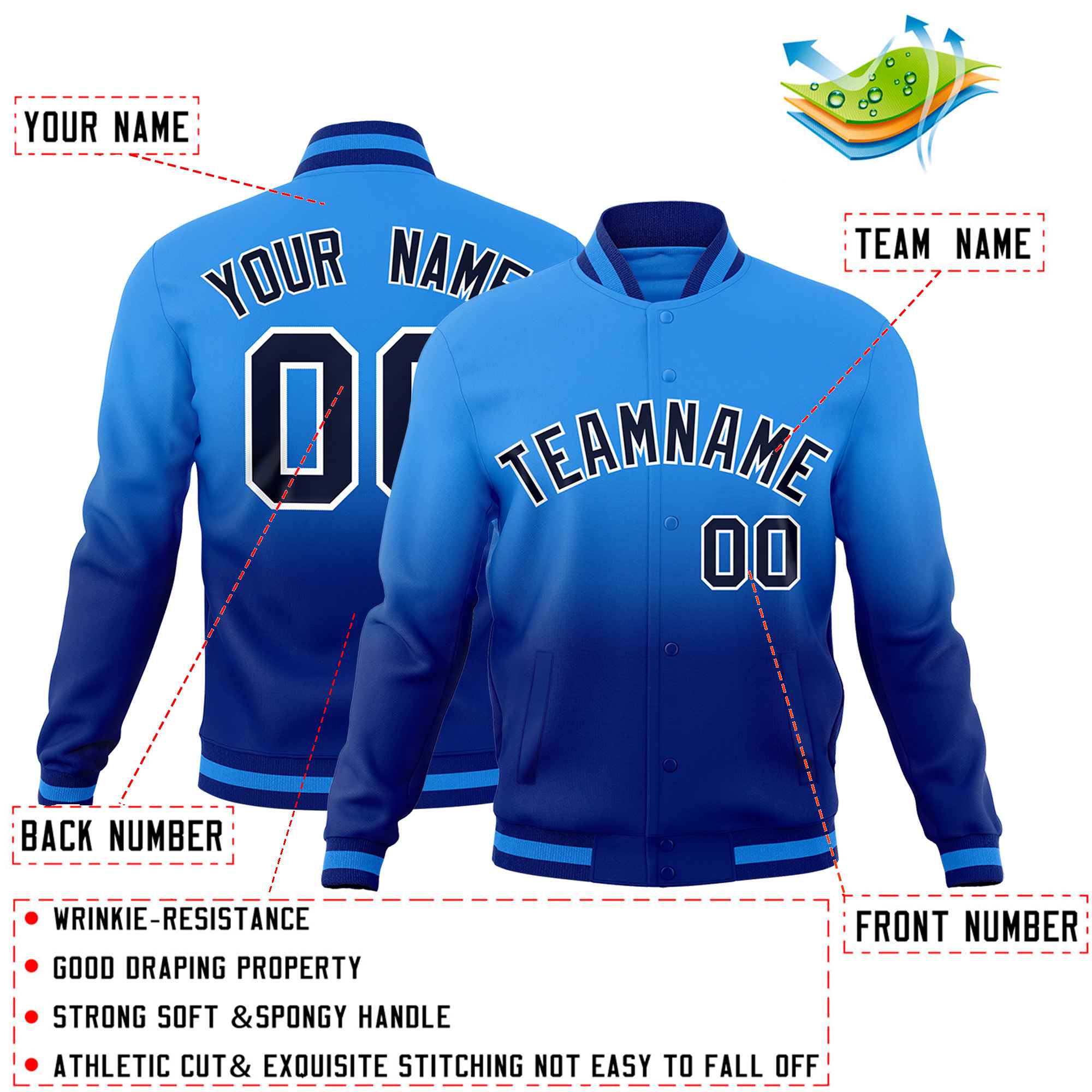 Custom Powder Blue Royal Full-Snap Varsity Personalization Gradient Fashion Letterman Jacket