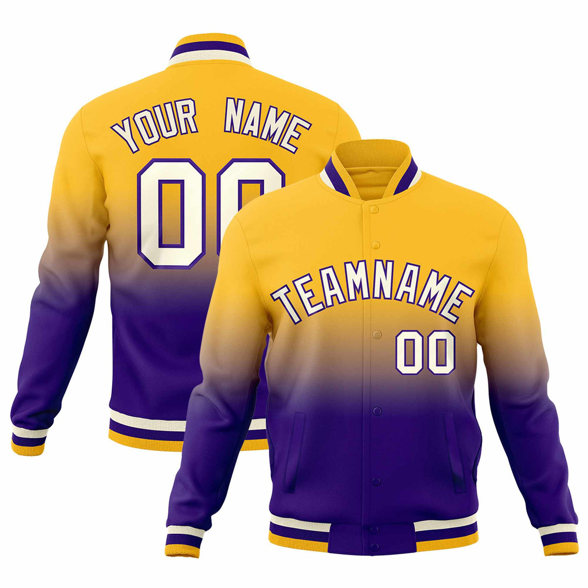 Custom Purple Gold Full-Snap Varsity Personalization Gradient Fashion Letterman Jacket
