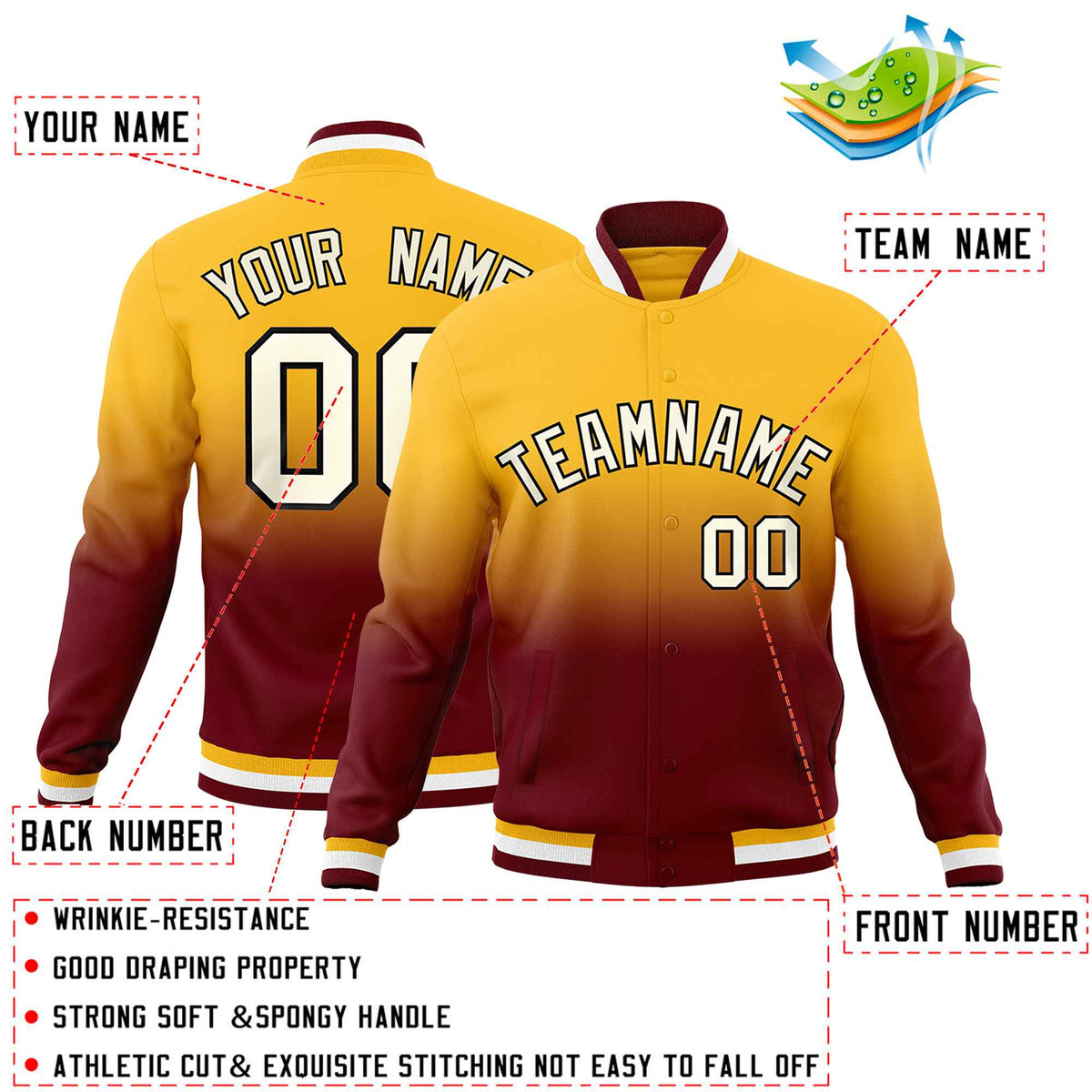 Custom Gold Crimson Full-Snap Varsity Personalization Gradient Fashion Letterman Jacket