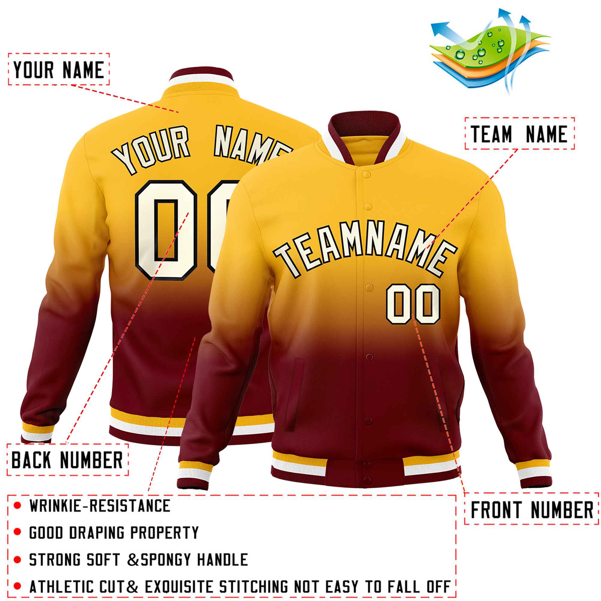 Custom Gold Crimson Full-Snap Varsity Personalization Gradient Fashion Letterman Jacket