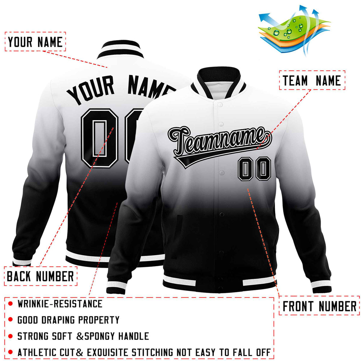 Custom Black White Full-Snap Varsity Personalization Gradient Fashion Letterman Jacket| KXKSHOP