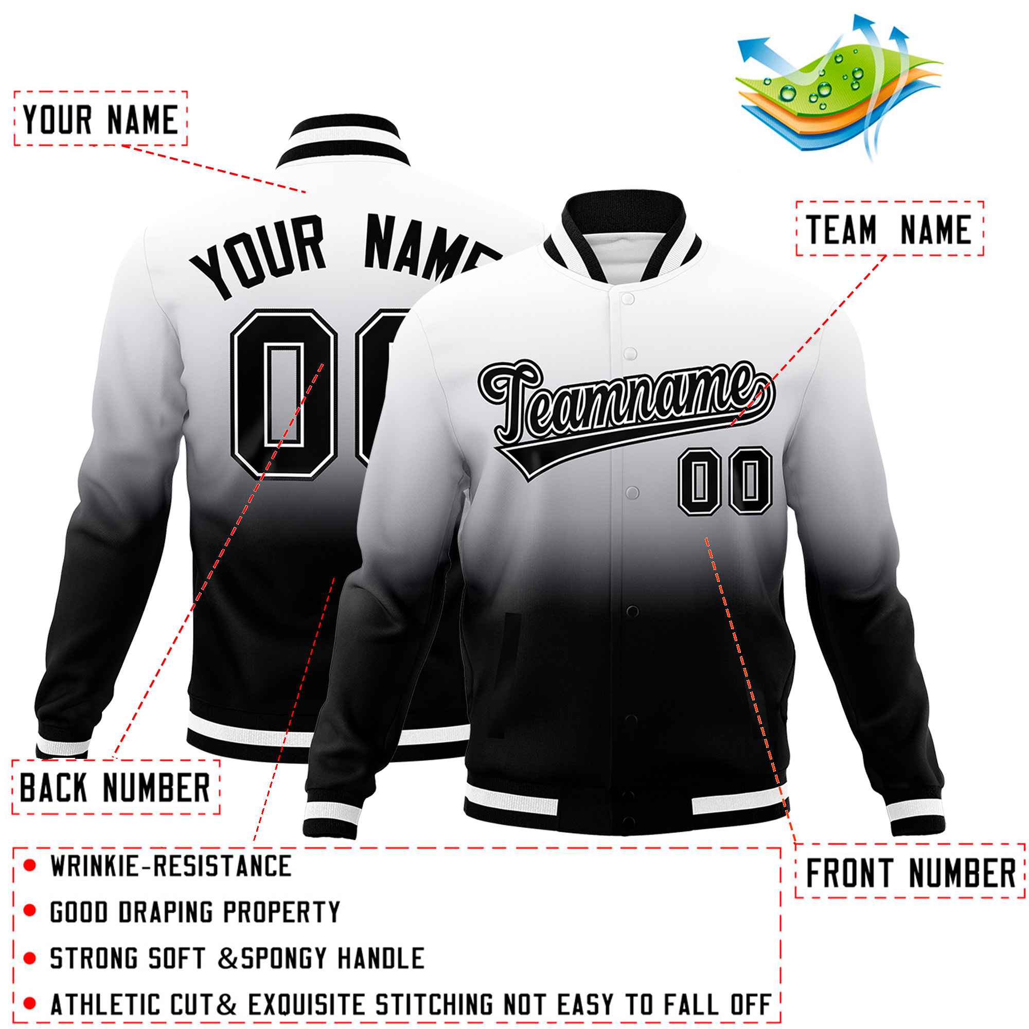 Custom Black White Full-Snap Varsity Personalization Gradient Fashion Letterman Jacket| KXKSHOP