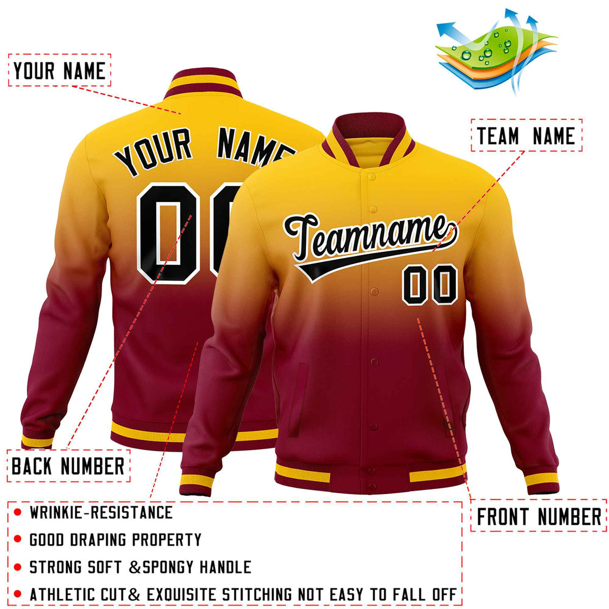 Custom Yellow Crimson Full-Snap Varsity Personalization Gradient Fashion Letterman Jacket| KXKSHOP