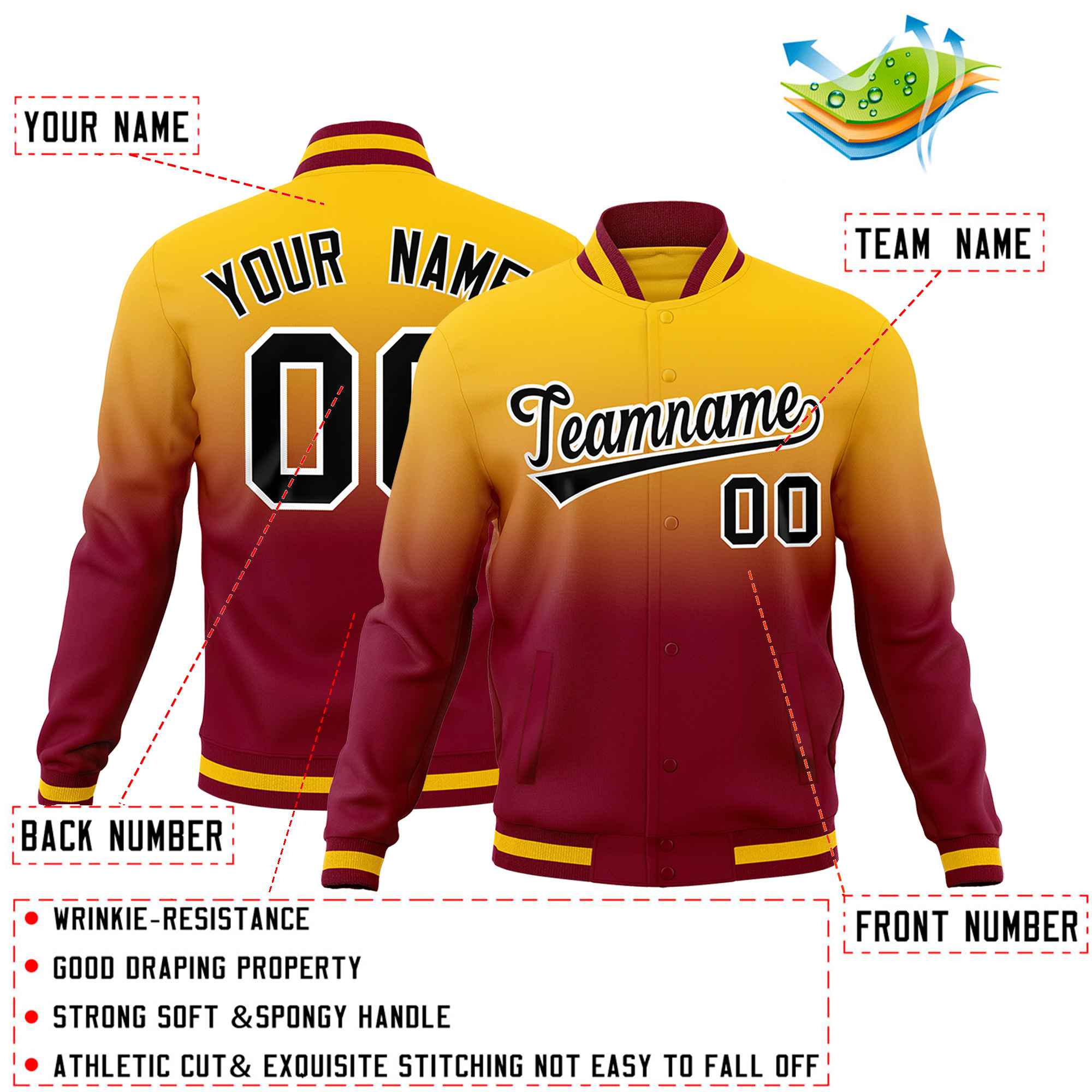 Custom Yellow Crimson Full-Snap Varsity Personalization Gradient Fashion Letterman Jacket| KXKSHOP