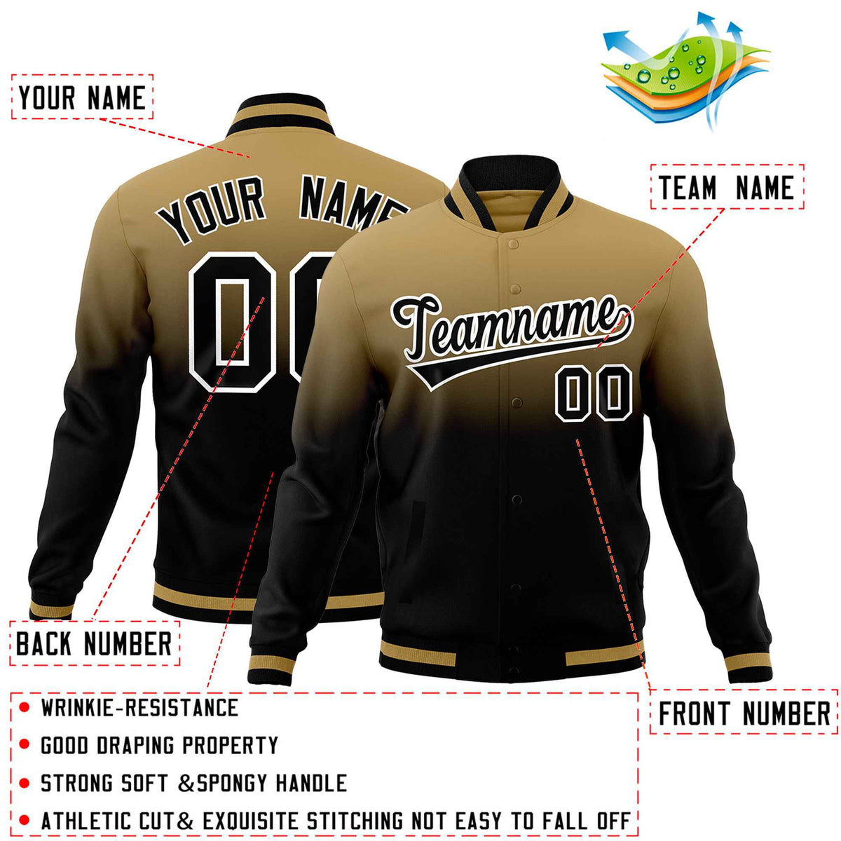 Custom Old Gold Black Full-Snap Varsity Personalization Gradient Fashion Letterman Jacket| KXKSHOP