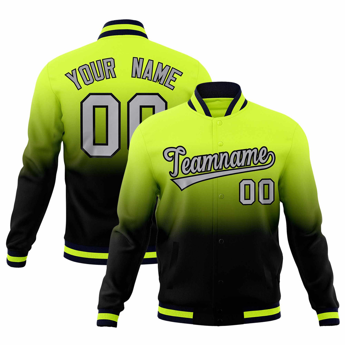 Custom Neon Green Navy Full-Snap Varsity Personalization Gradient Fashion Letterman Jacket| KXKSHOP