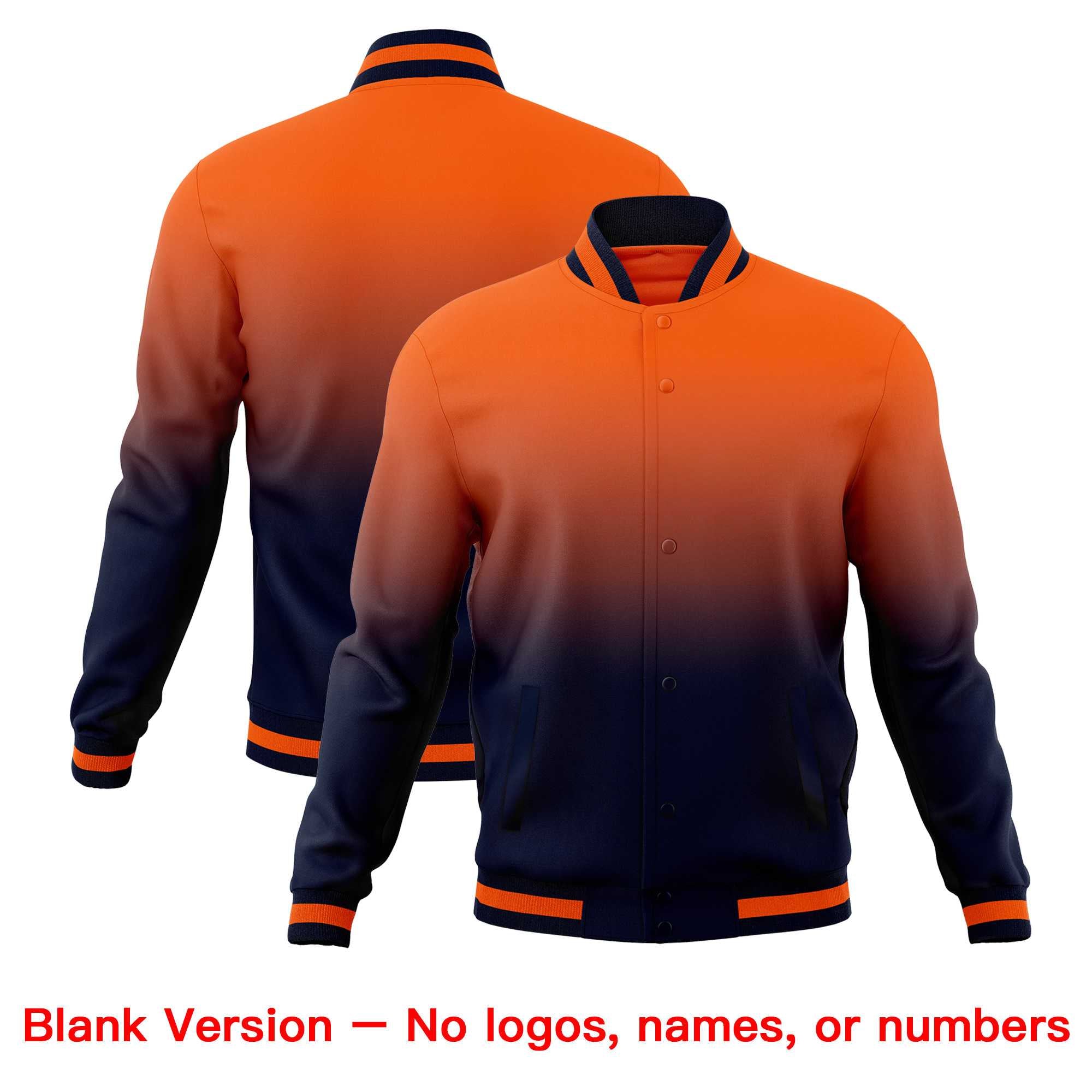 Custom Navy Orange Full-Snap Varsity Personalization Gradient Fashion Letterman Jacket| KXKSHOP