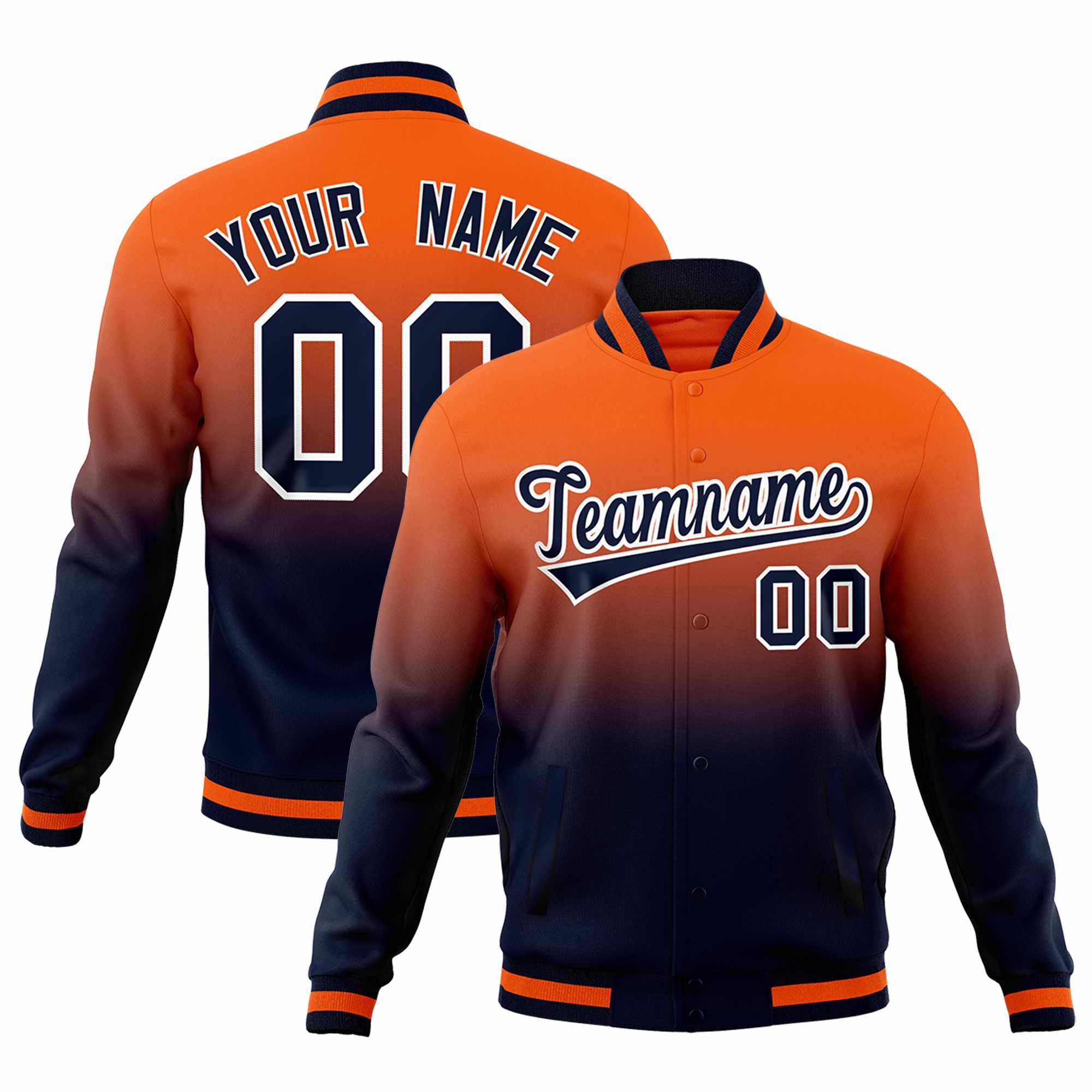 Custom Navy Orange Full-Snap Varsity Personalization Gradient Fashion Letterman Jacket| KXKSHOP