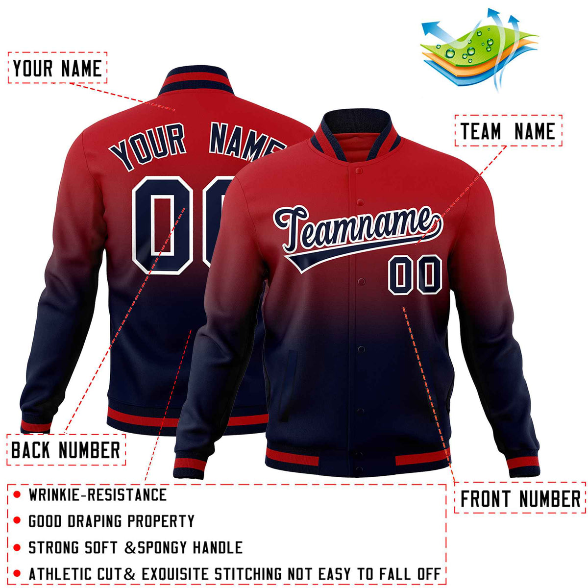 Custom Navy Red Full-Snap Varsity Personalization Gradient Fashion Letterman Jacket| KXKSHOP