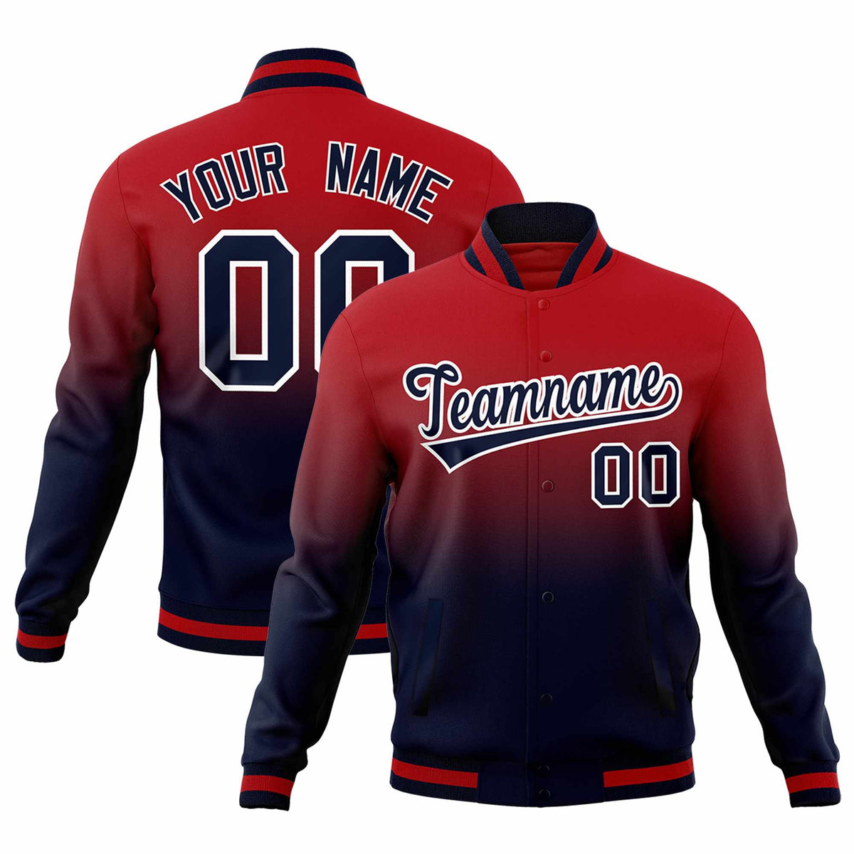 Custom Navy Red Full-Snap Varsity Personalization Gradient Fashion Letterman Jacket| KXKSHOP