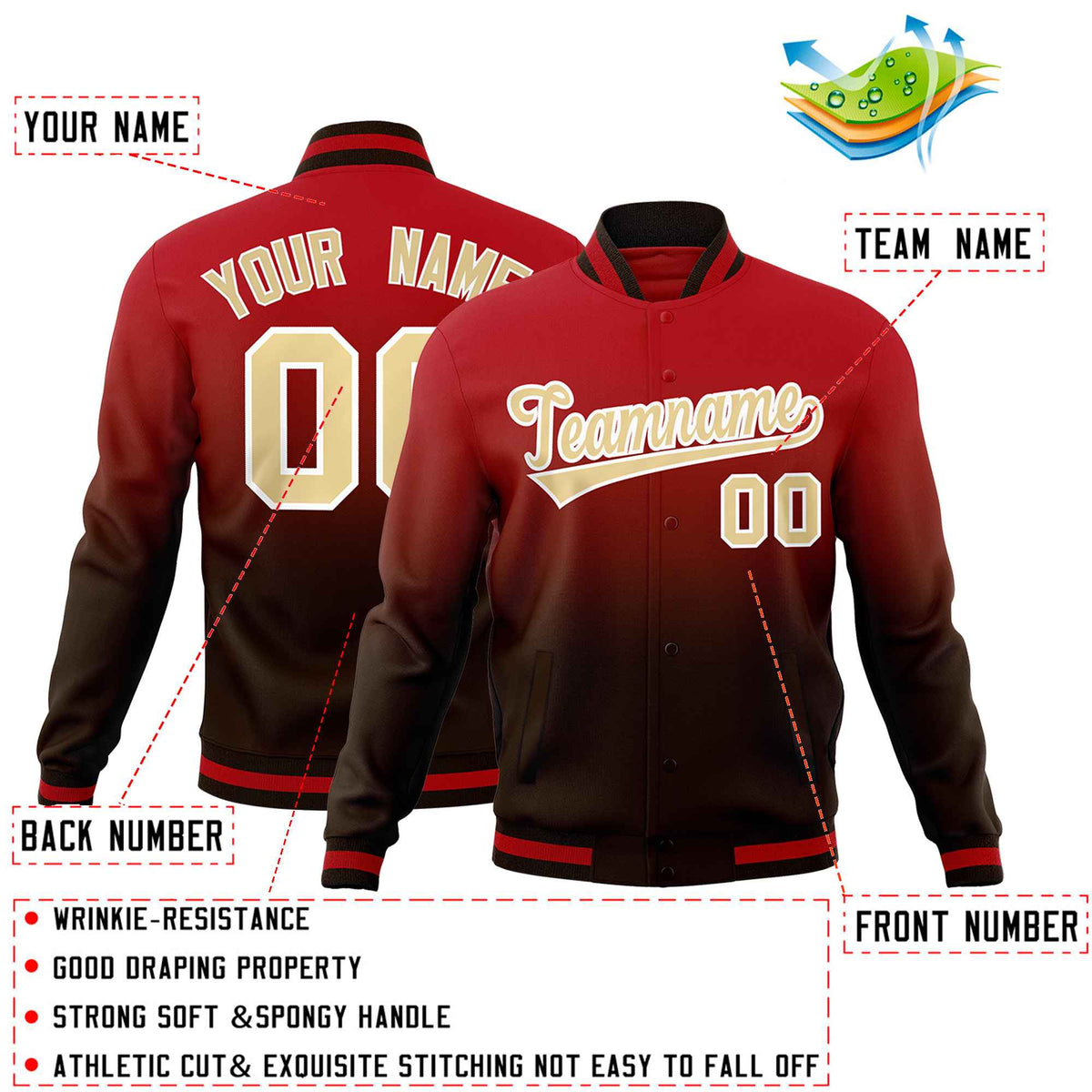 Custom Brown Red Full-Snap Varsity Personalization Gradient Fashion Letterman Jacket| KXKSHOP