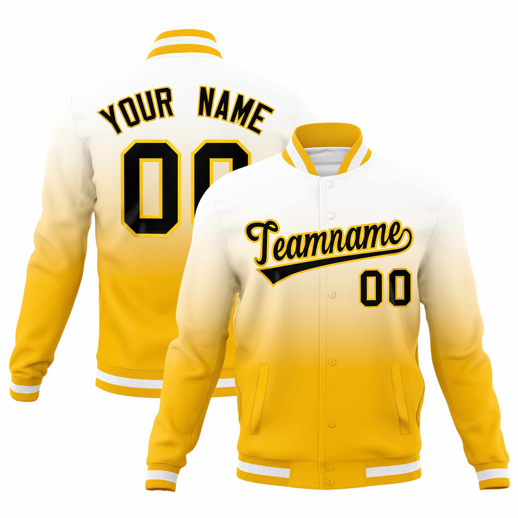 Custom Yellow White Full-Snap Varsity Personalization Gradient Fashion Letterman Jacket| KXKSHOP