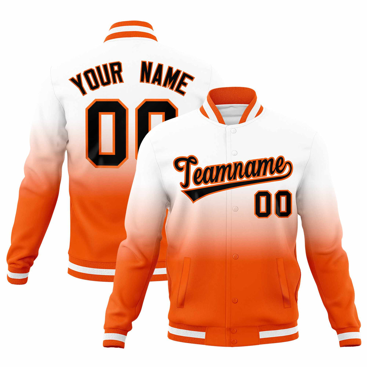Custom White Orange Full-Snap Varsity Personalization Gradient Fashion Letterman Jacket| KXKSHOP