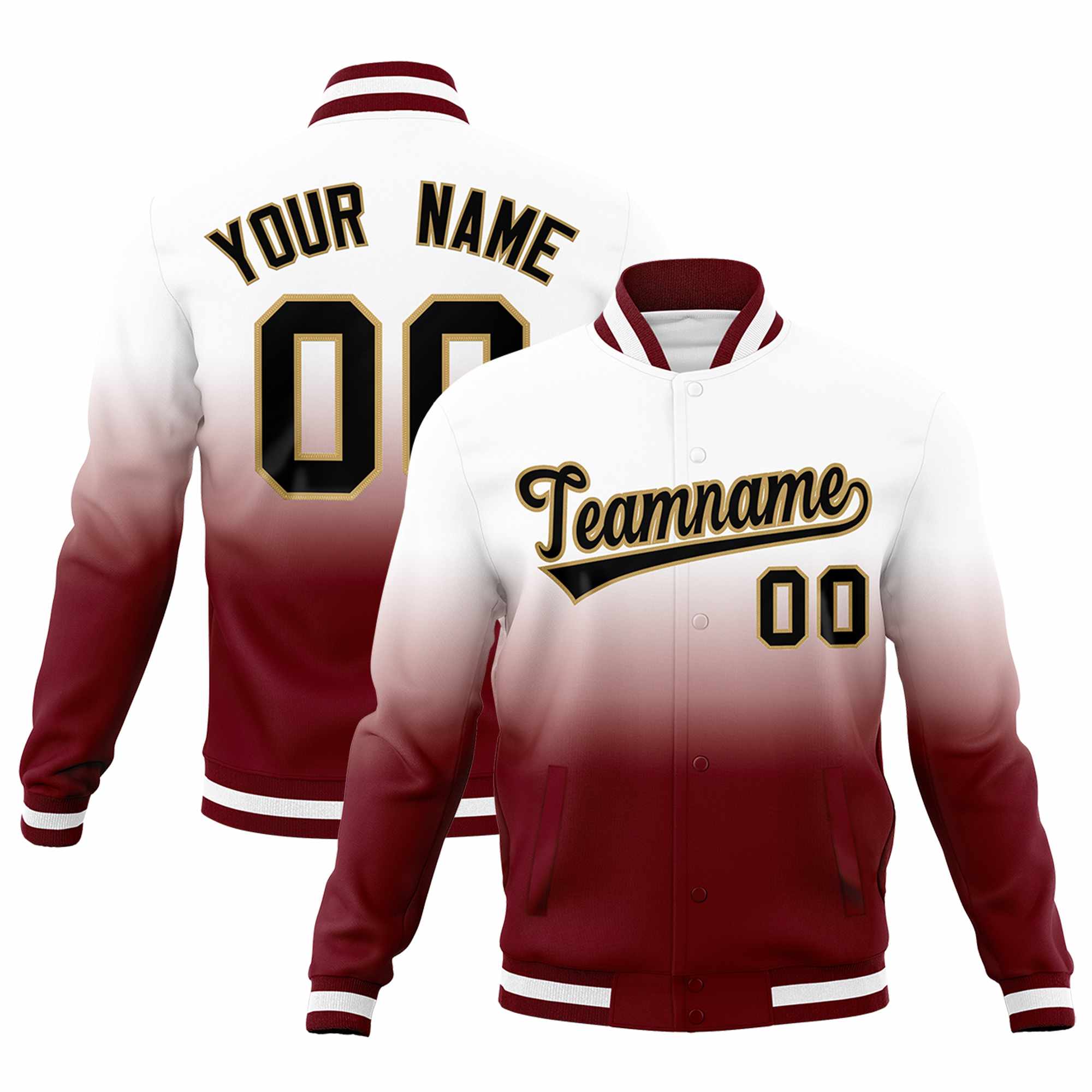 Custom White Crimson Full-Snap Varsity Personalization Gradient Fashion Letterman Jacket| KXKSHOP