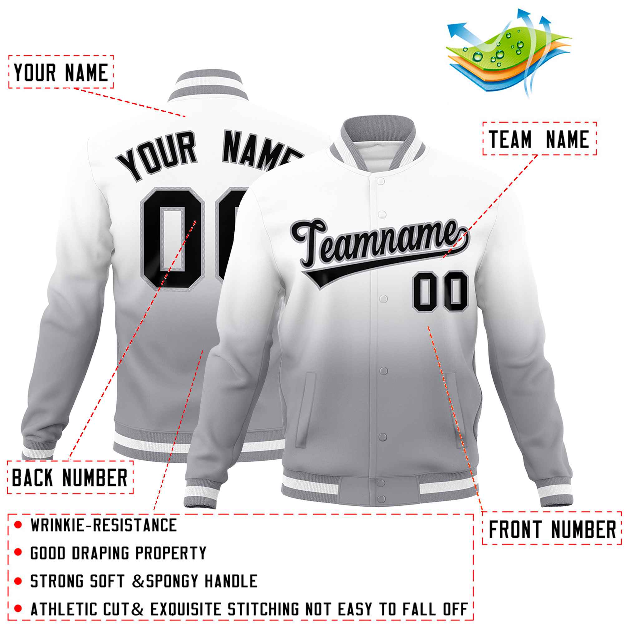 Custom White Gray Full-Snap Varsity Personalization Gradient Fashion Letterman Jacket| KXKSHOP