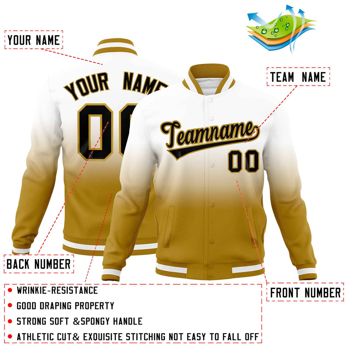 Custom White Old Gold Full-Snap Varsity Personalization Gradient Fashion Letterman Jacket| KXKSHOP