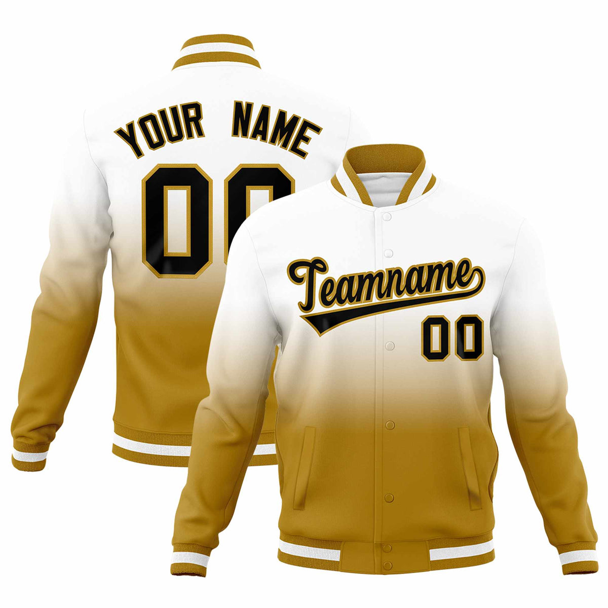 Custom White Old Gold Full-Snap Varsity Personalization Gradient Fashion Letterman Jacket| KXKSHOP