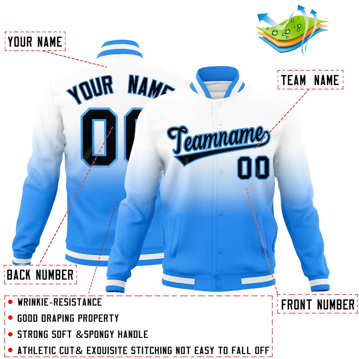 Custom White Powder Blue Full-Snap Varsity Personalization Gradient Fashion Letterman Jacket| KXKSHOP