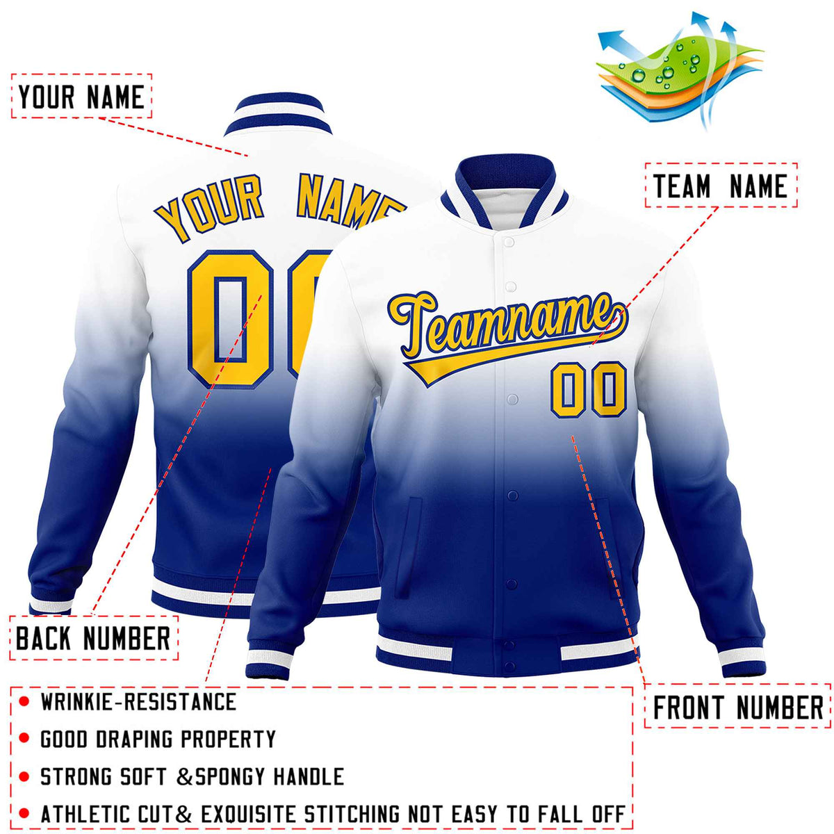 Custom White Royal Full-Snap Varsity Personalization Gradient Fashion Letterman Jacket| KXKSHOP