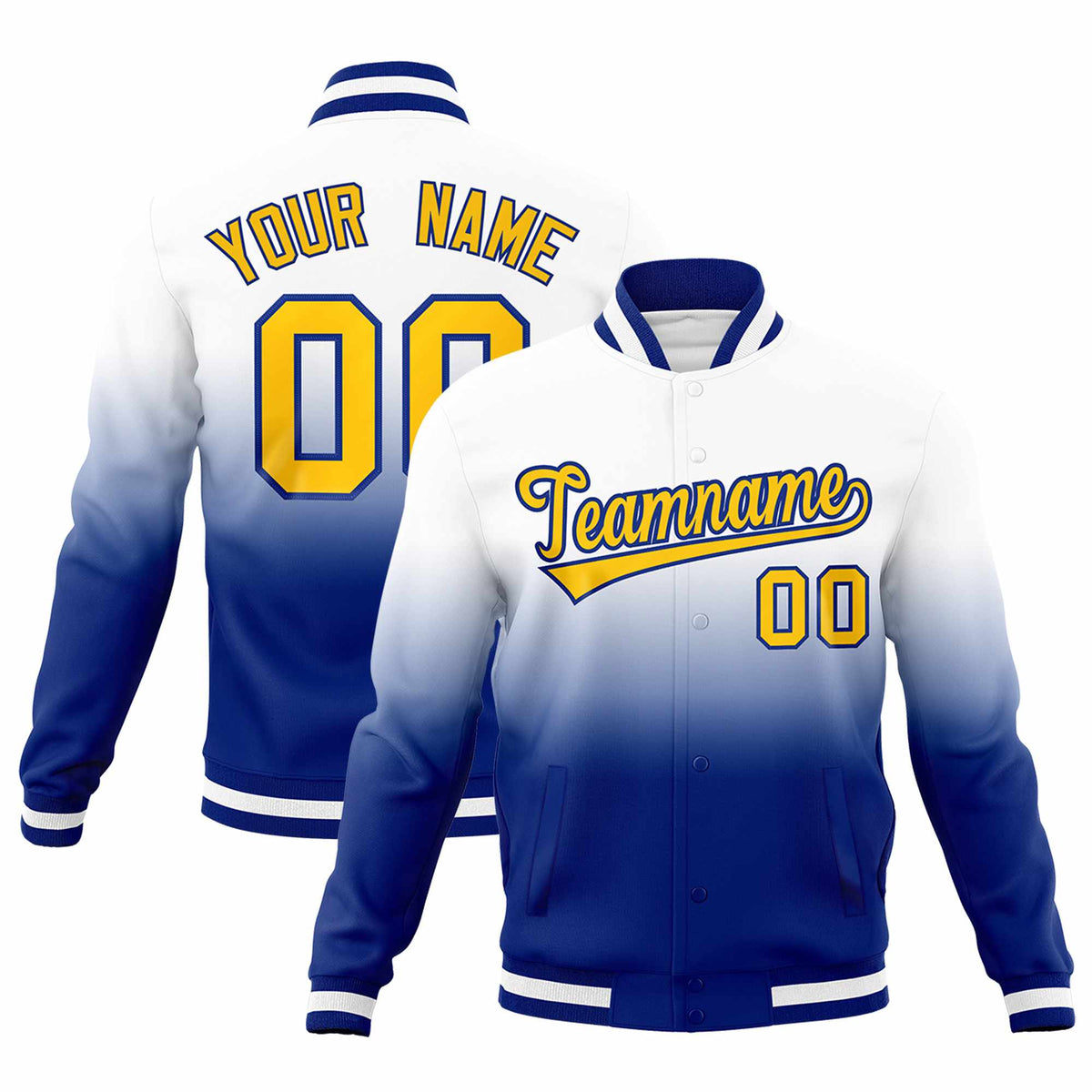 Custom White Royal Full-Snap Varsity Personalization Gradient Fashion Letterman Jacket| KXKSHOP
