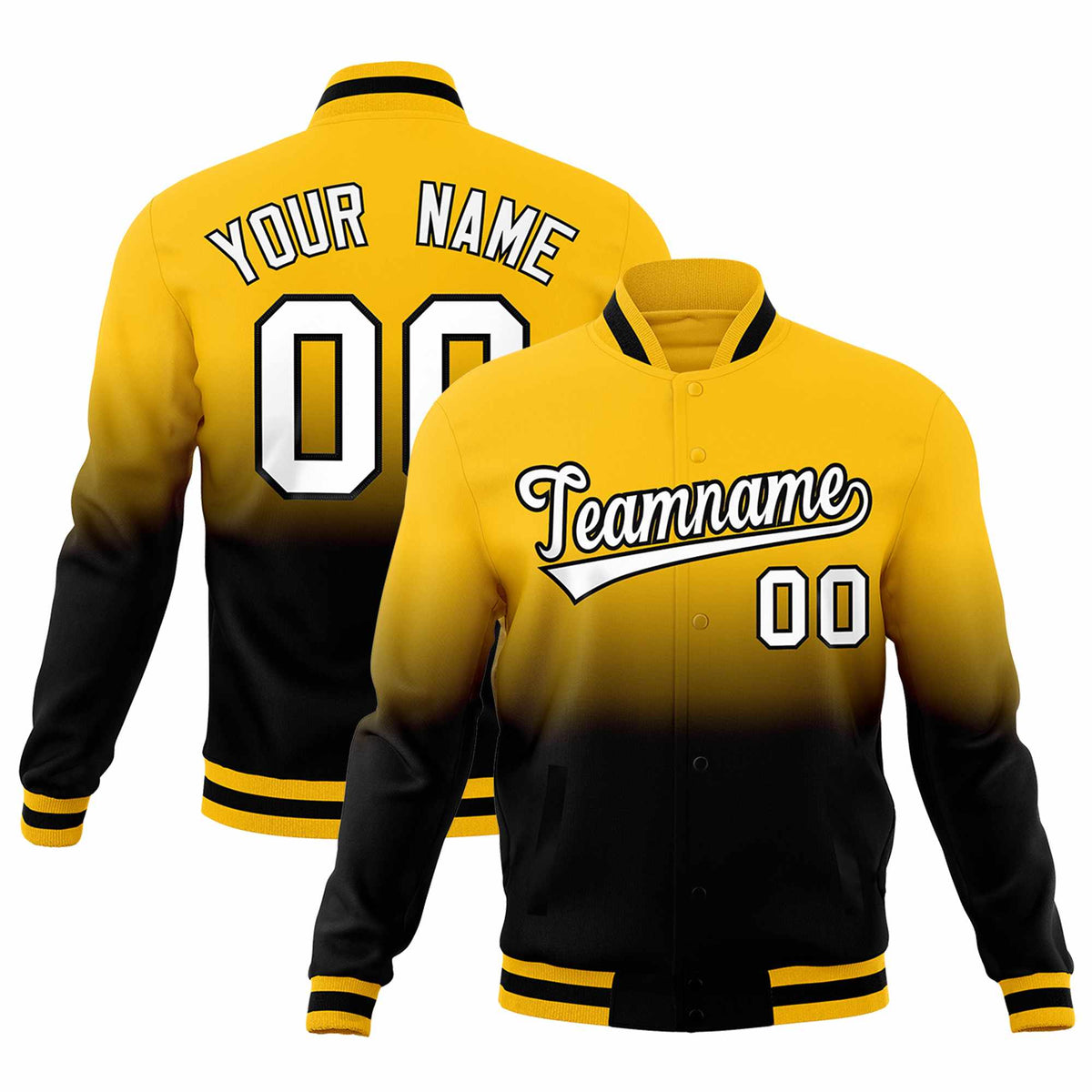 Custom Black Yellow Full-Snap Varsity Personalization Gradient Fashion Letterman Jacket| KXKSHOP