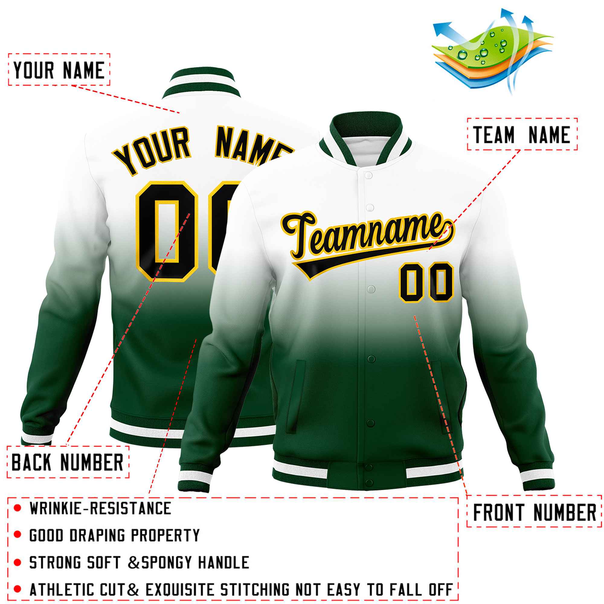 Custom White Gold Full-Snap Varsity Personalization Gradient Fashion Letterman Jacket| KXKSHOP