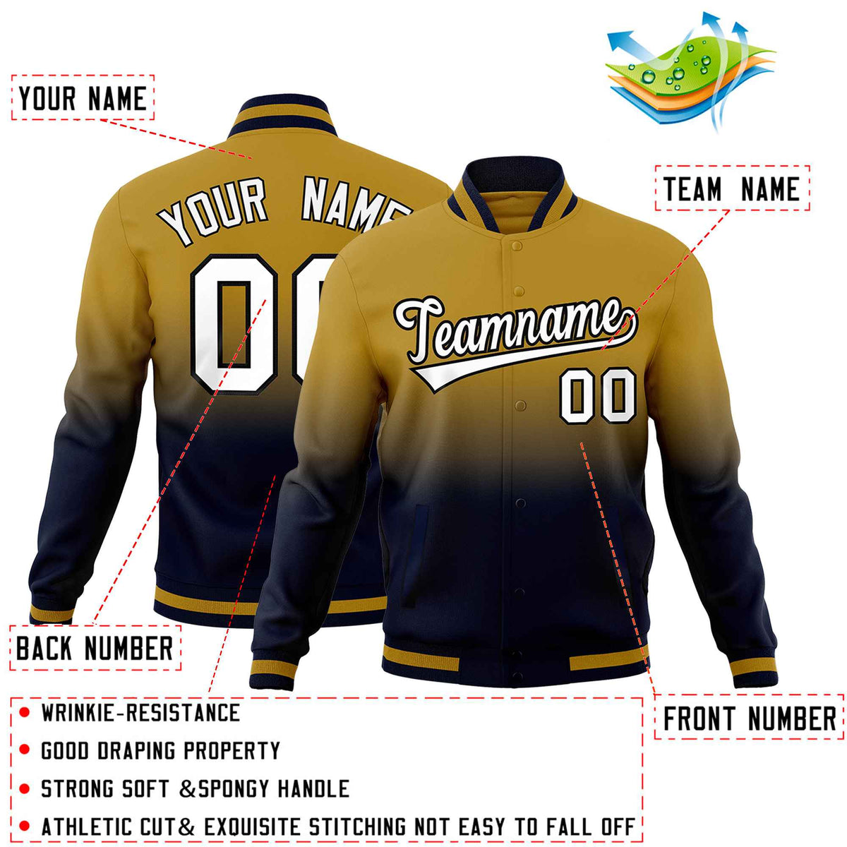 Custom Old Gold Navy Full-Snap Varsity Personalization Gradient Fashion Letterman Jacket| KXKSHOP
